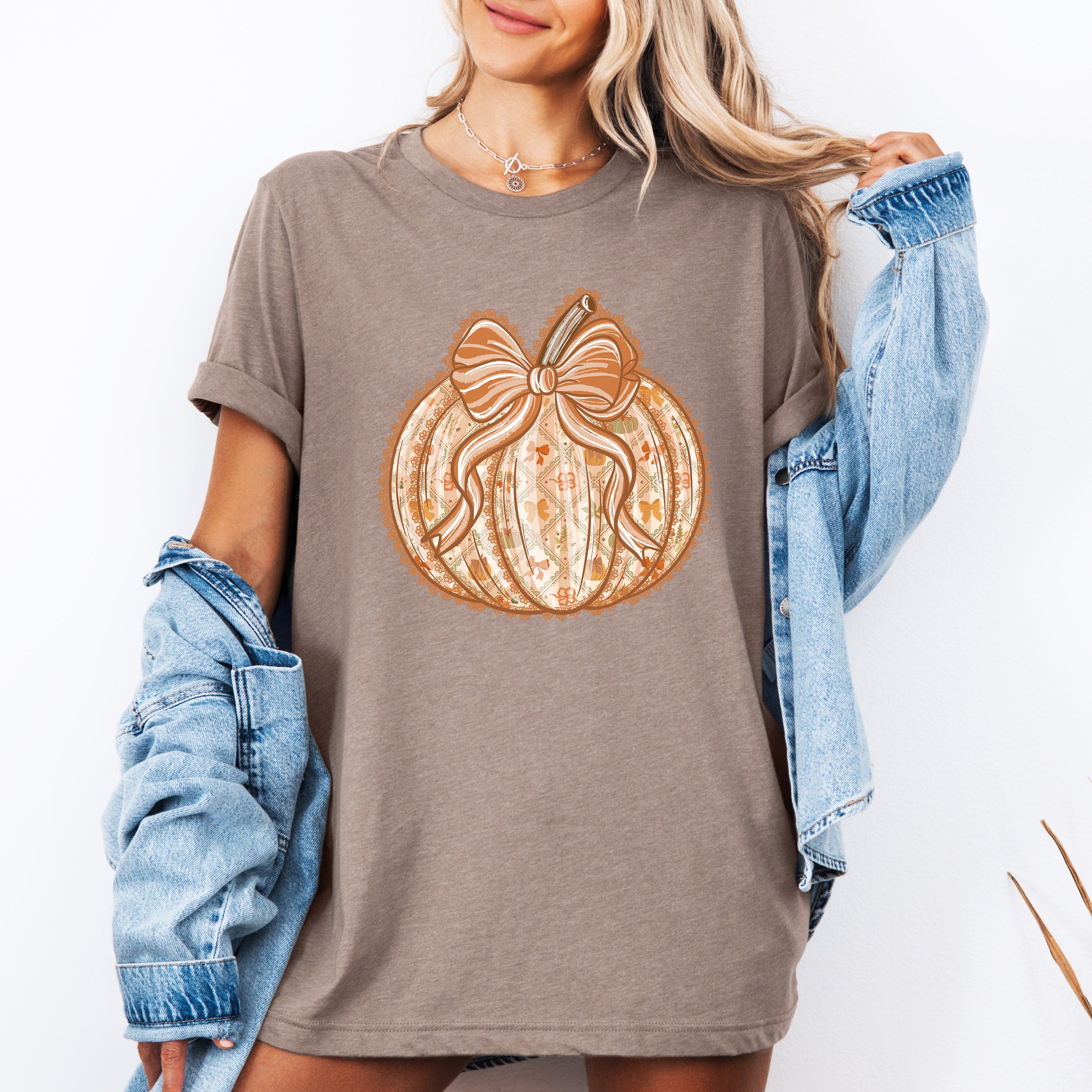 Pumpkin Faux Lace Coquette Pattern Halloween Autumn Embrace Festive Cozy Seasonal Graphic Tee
