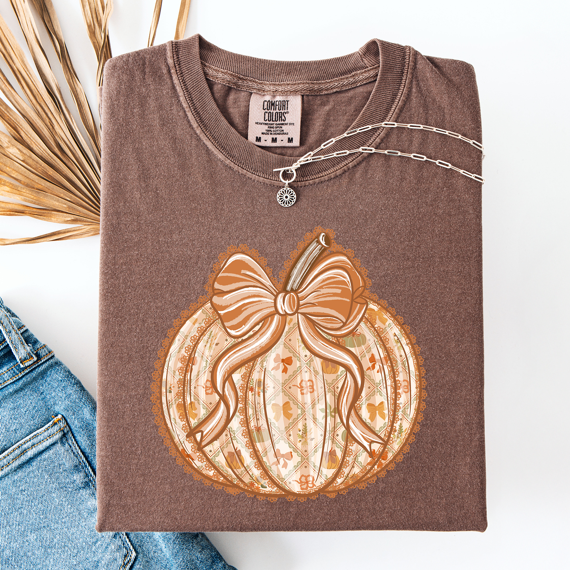 Pumpkin Faux Lace Coquette Pattern Watercolor Scene Halloween Autumn Fall Comfort Colors Tee