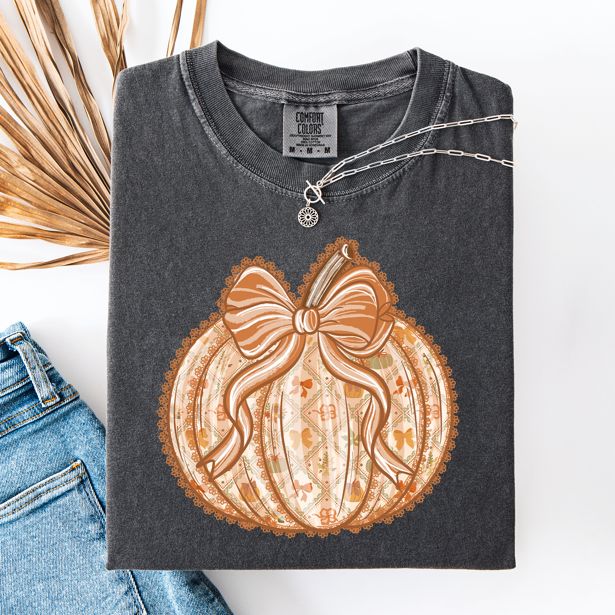 Pumpkin Faux Lace Coquette Pattern Watercolor Scene Halloween Autumn Fall Comfort Colors Tee