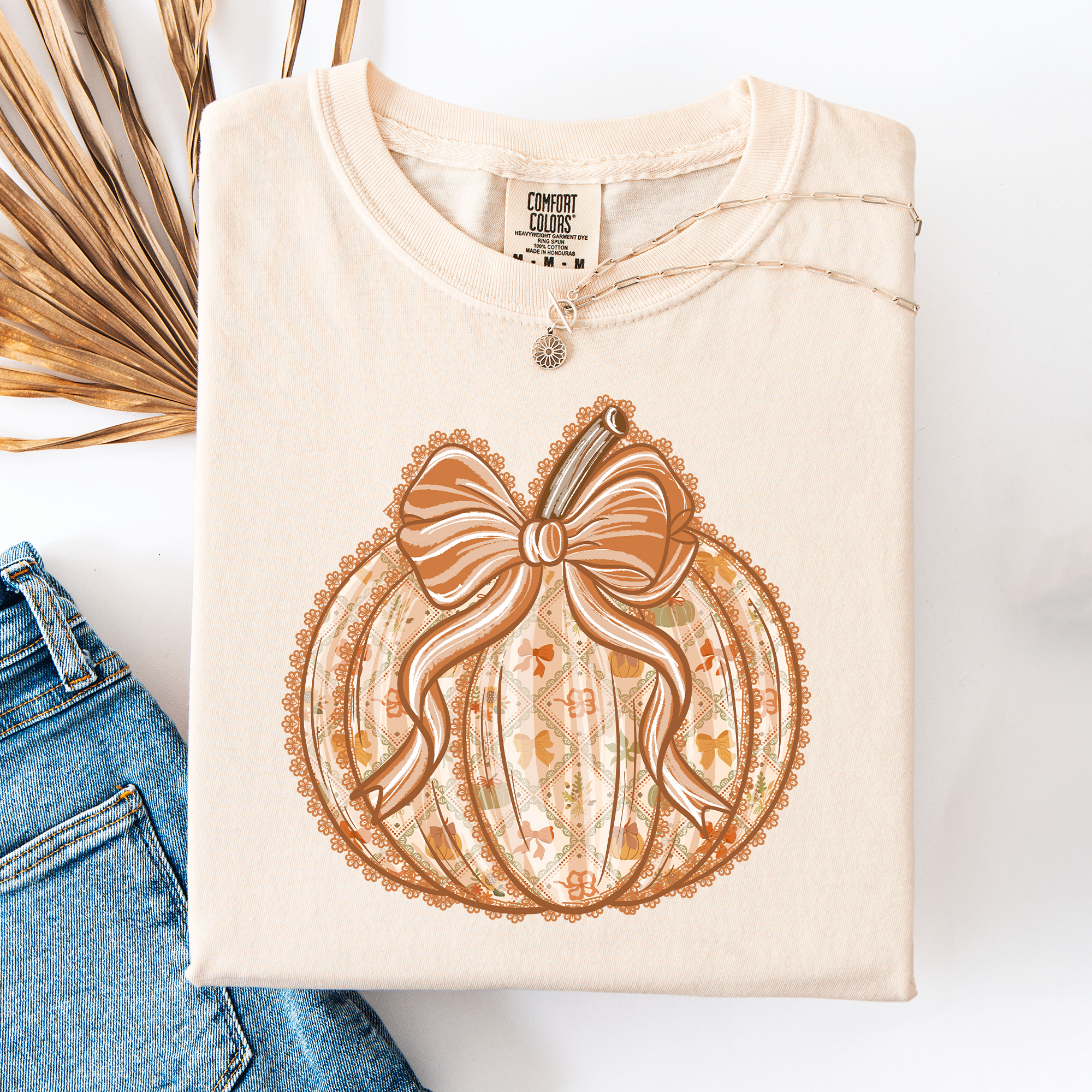 Pumpkin Faux Lace Coquette Pattern Watercolor Scene Halloween Autumn Fall Comfort Colors Tee