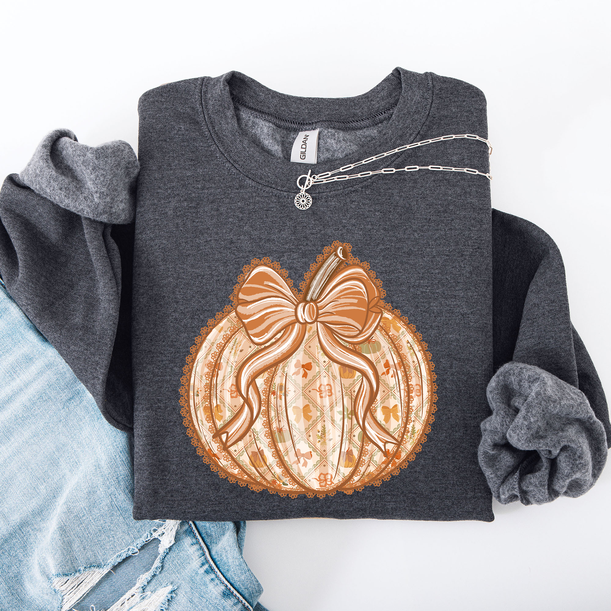 Pumpkin Faux Lace Coquette Pattern Cozy Autumn Inspired Premium Soft Cotton Blend Layering Sweatshirt