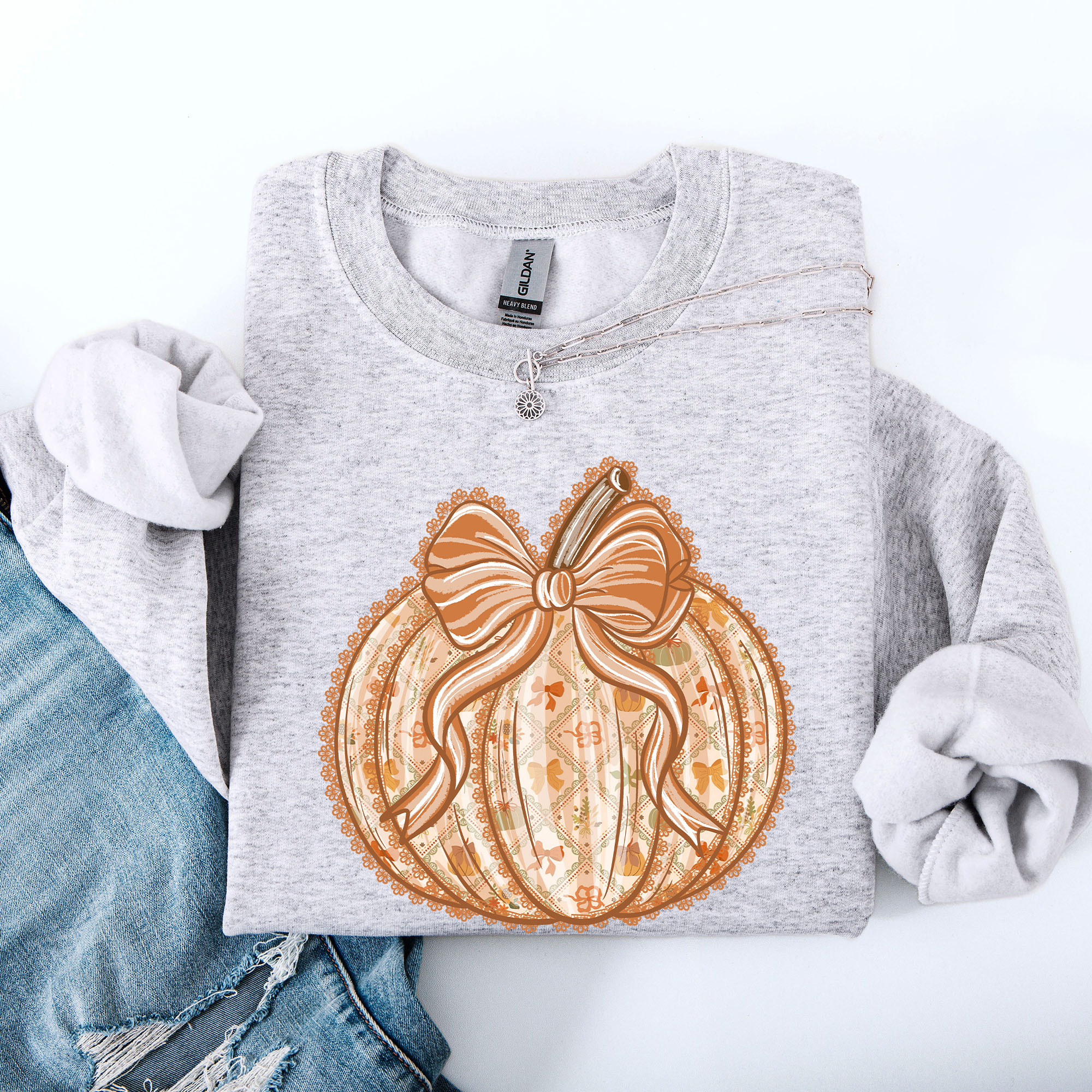 Pumpkin Faux Lace Coquette Pattern Cozy Autumn Inspired Premium Soft Cotton Blend Layering Sweatshirt