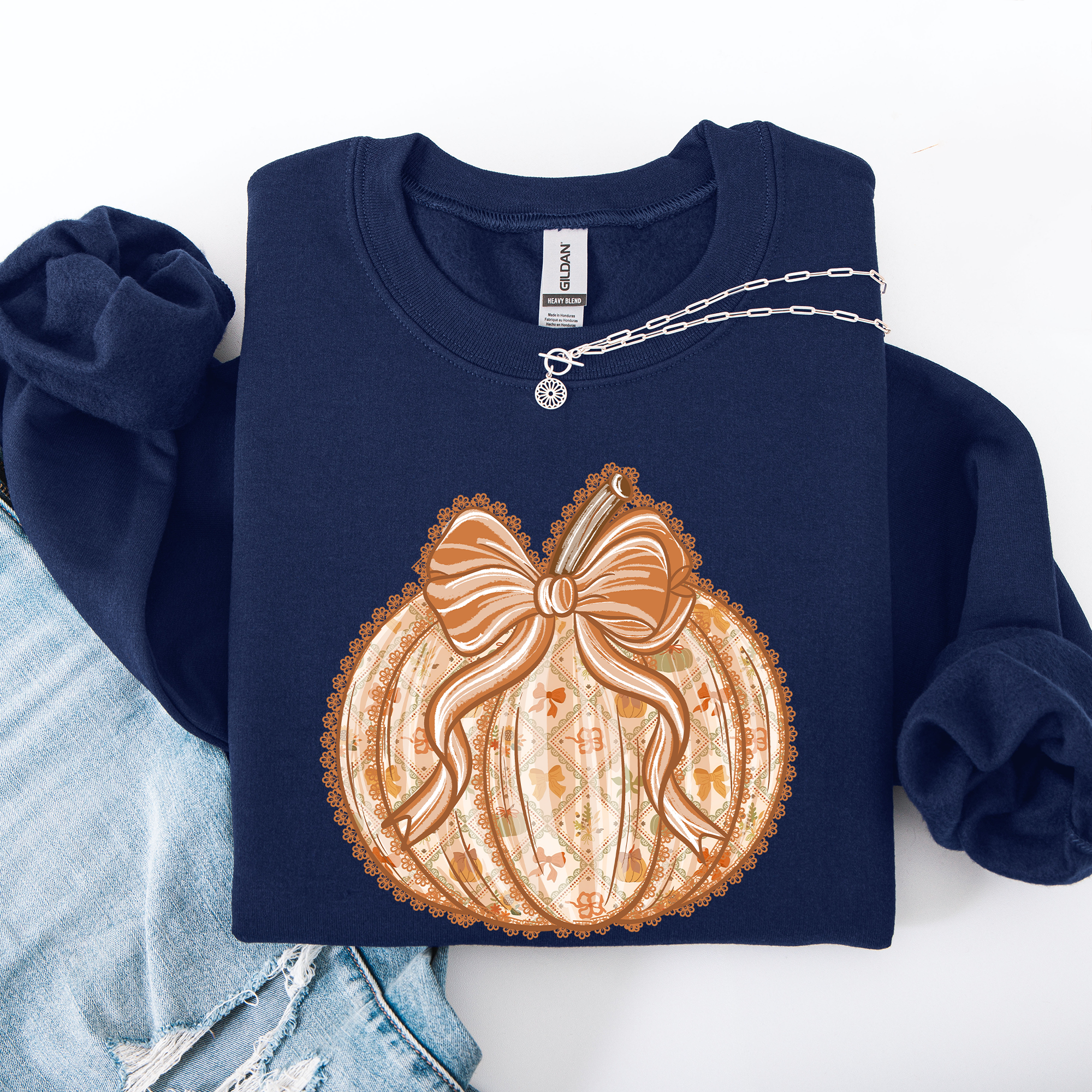 Pumpkin Faux Lace Coquette Pattern Cozy Autumn Inspired Premium Soft Cotton Blend Layering Sweatshirt