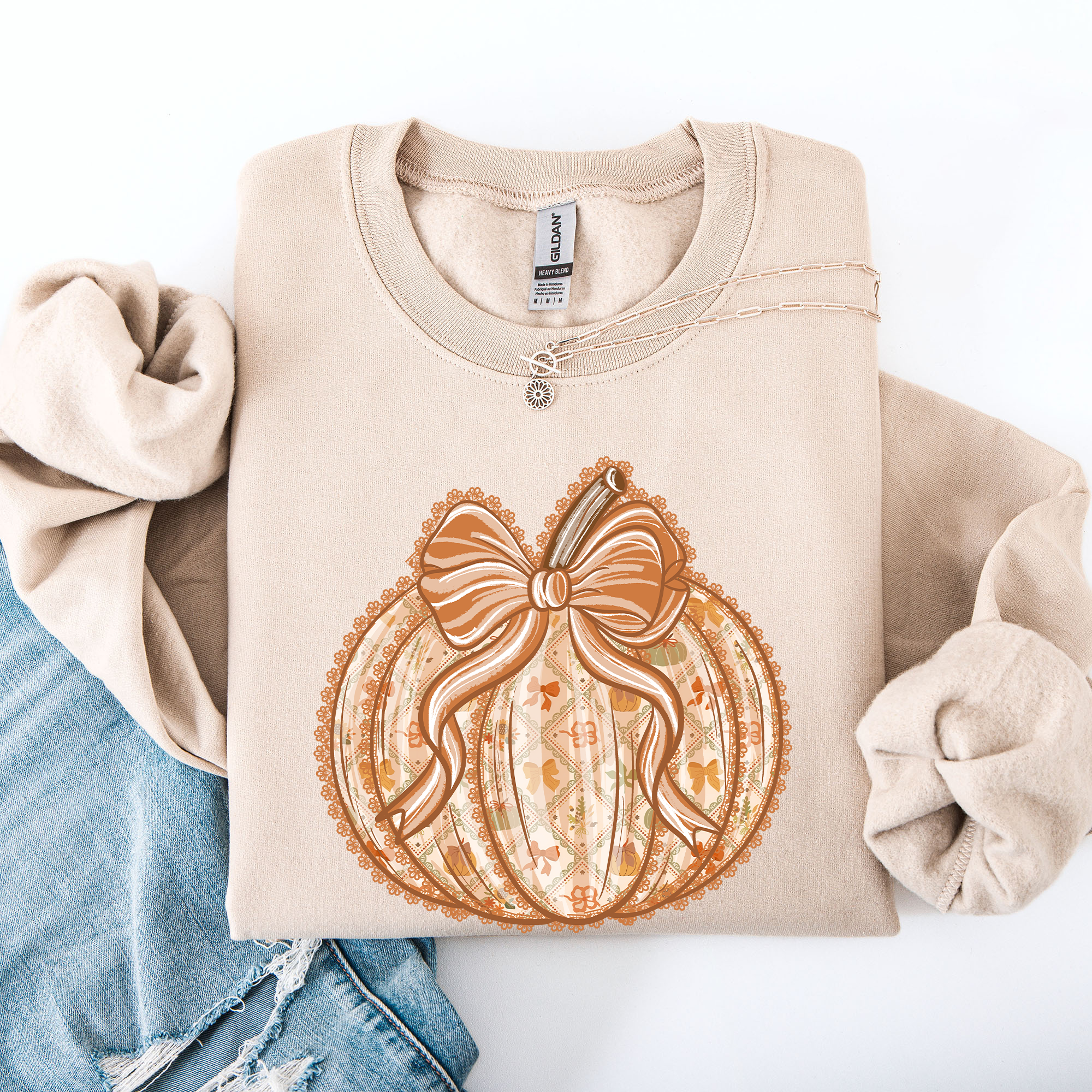 Pumpkin Faux Lace Coquette Pattern Cozy Autumn Inspired Premium Soft Cotton Blend Layering Sweatshirt