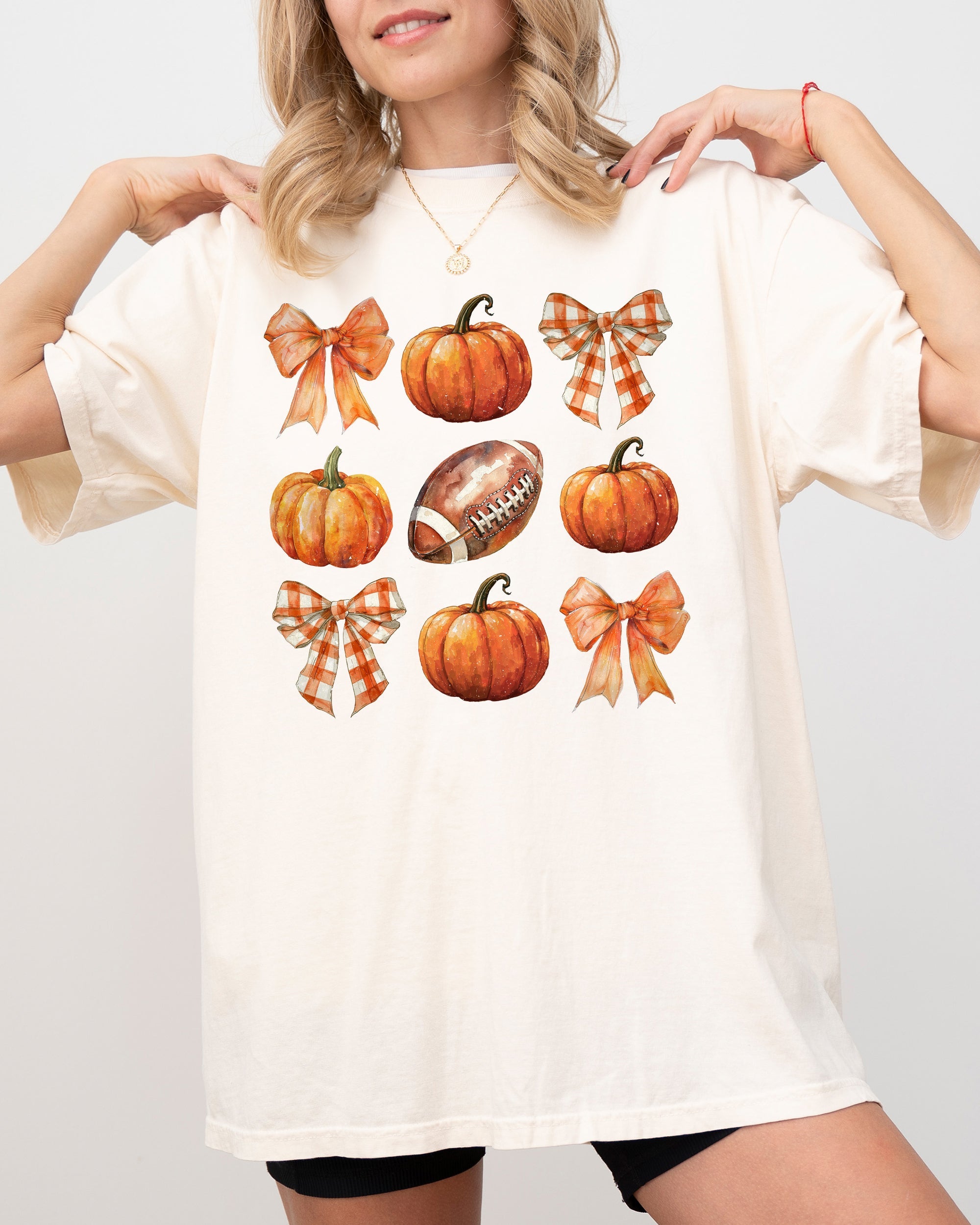 Pumpkin Football Bows Ribbons Fall Autumn Thanksgiving Halloween Sports Touch Down Comfort Colors Tee