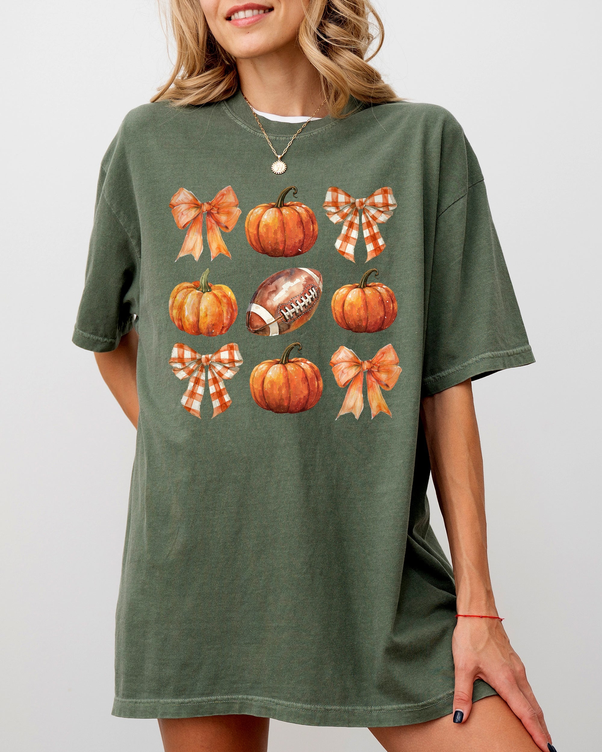 Pumpkin Football Bows Ribbons Fall Autumn Thanksgiving Halloween Sports Touch Down Comfort Colors Tee