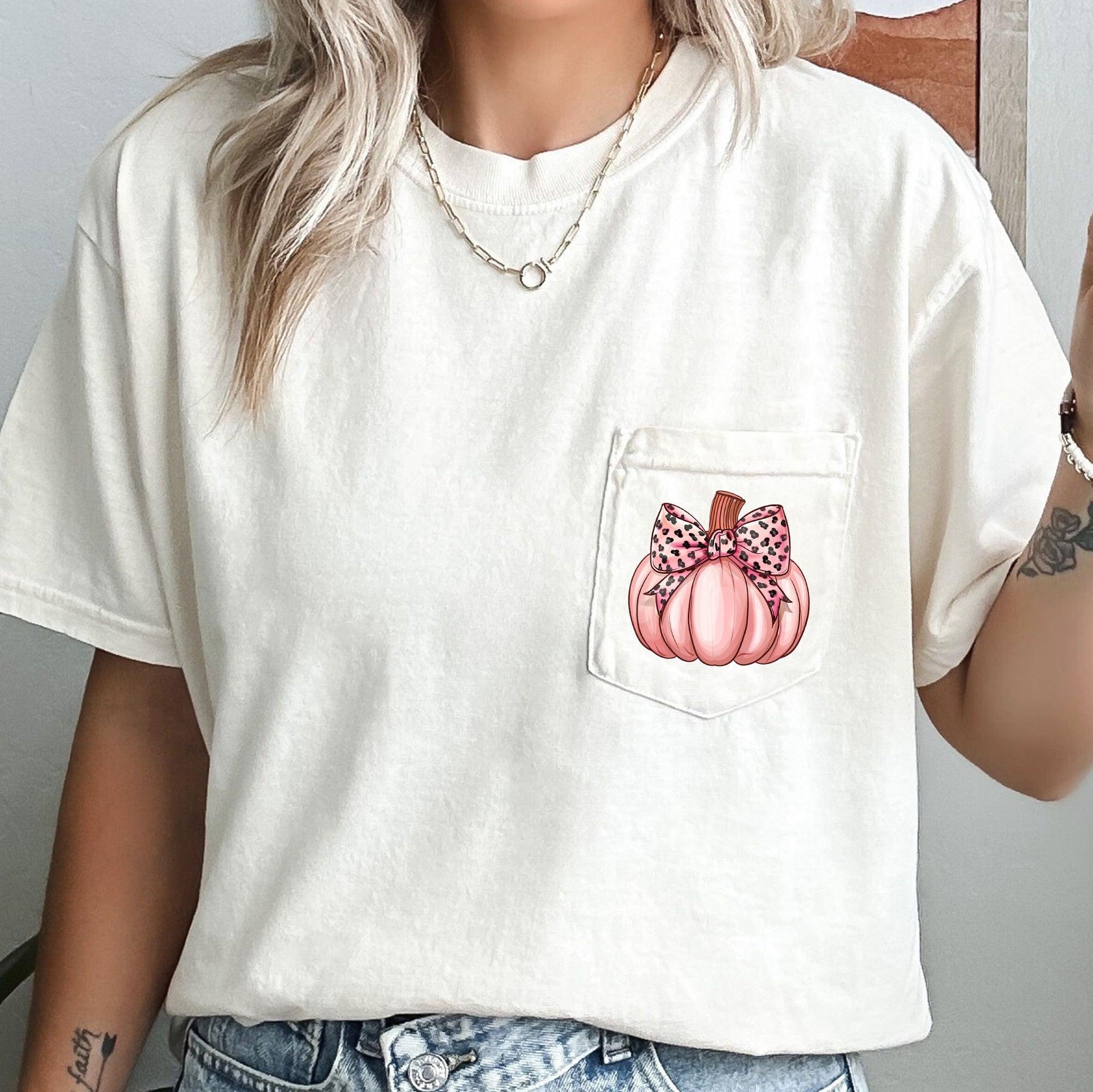 Pumpkin Leopard Print Bow Autumn Halloween Vintage Cozy Spirit Design Comfort Colors Tee