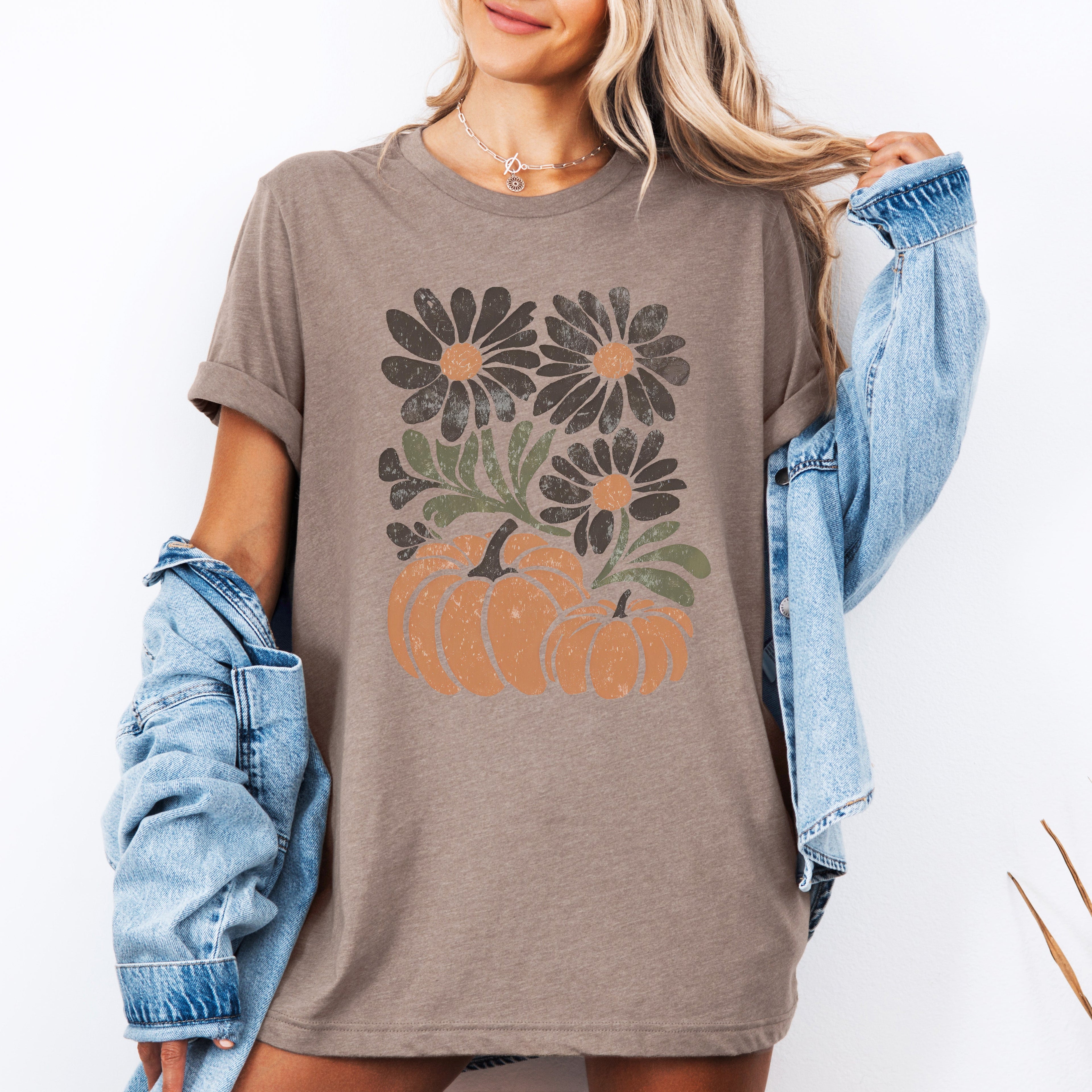Pumpkins and Flowers Watercolor Halloween Autumn Scene Botanical Whimsy Graphic Tee