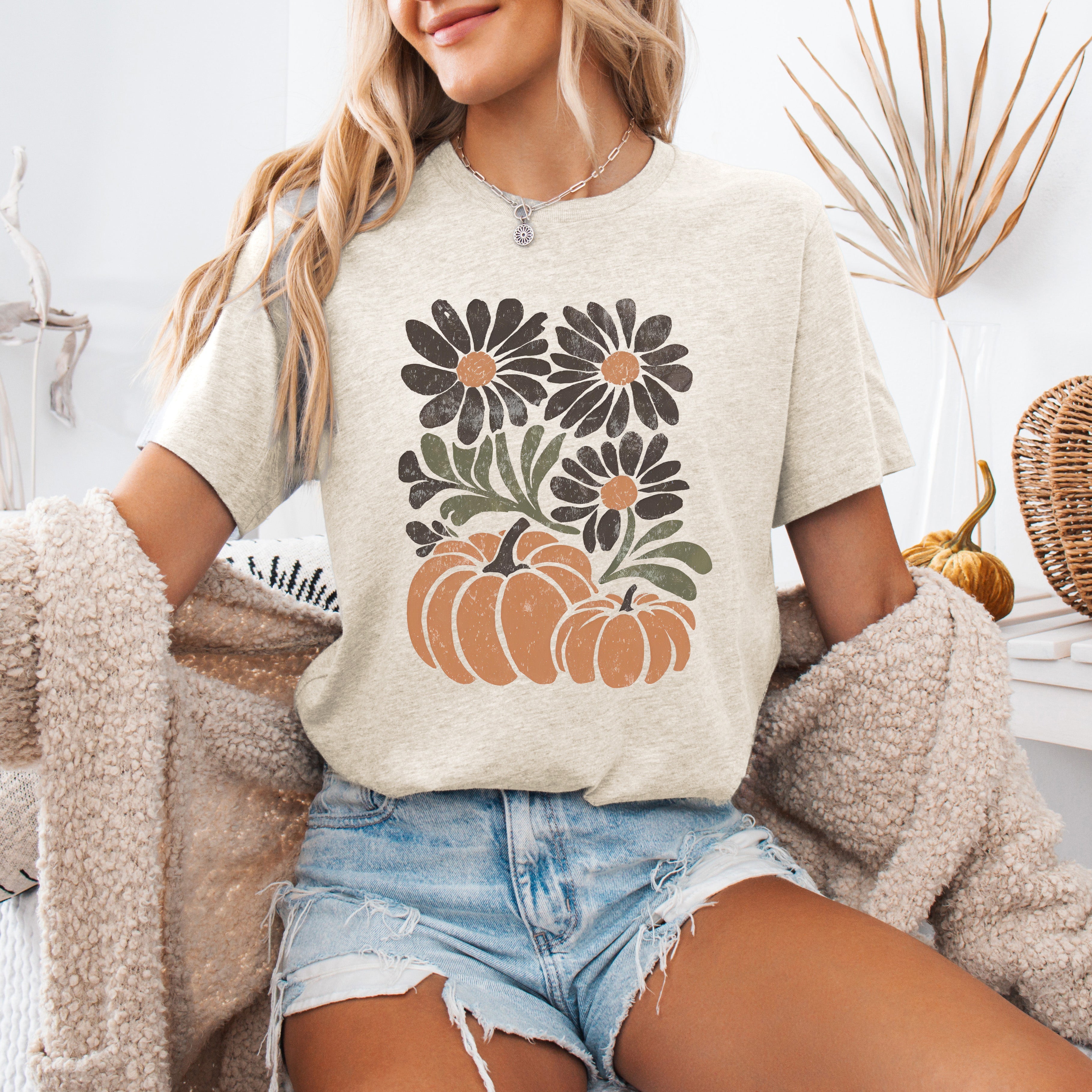 Pumpkins and Flowers Watercolor Halloween Autumn Scene Botanical Whimsy Graphic Tee