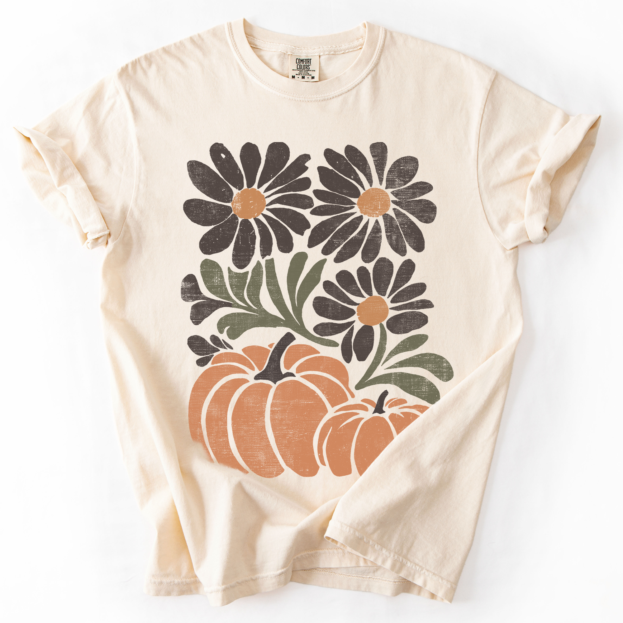 Pumpkins And Flowers Watercolor Allover Print Halloween Autumn Comfort Colors Tee