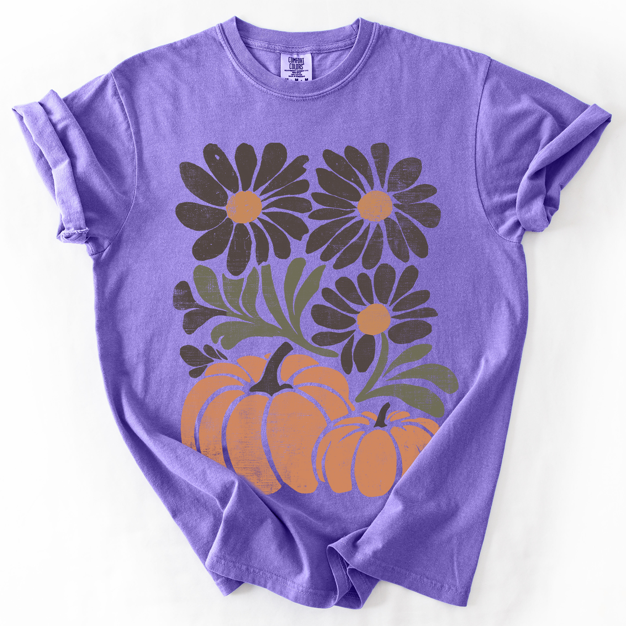 Pumpkins And Flowers Watercolor Allover Print Halloween Autumn Comfort Colors Tee