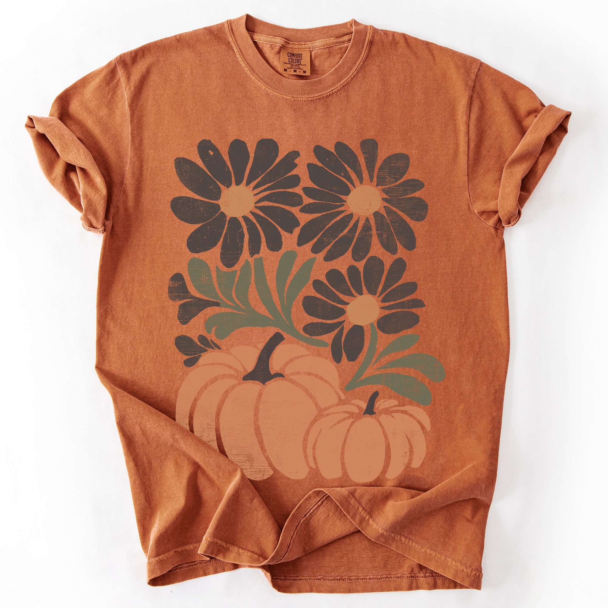 Pumpkins And Flowers Watercolor Allover Print Halloween Autumn Comfort Colors Tee