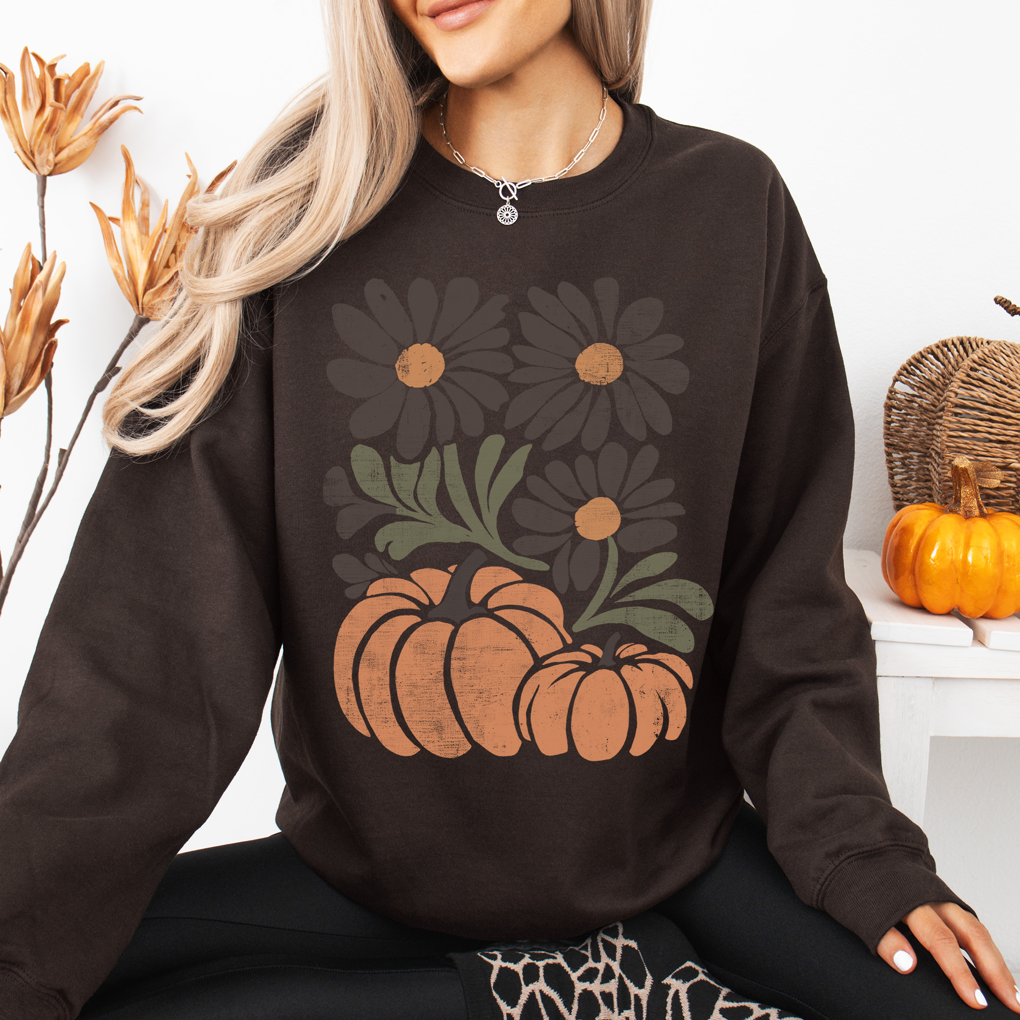 Pumpkins and Flowers Watercolor Autumn Florals Sunflowers Cozy Seasonal Print Sweatshirt