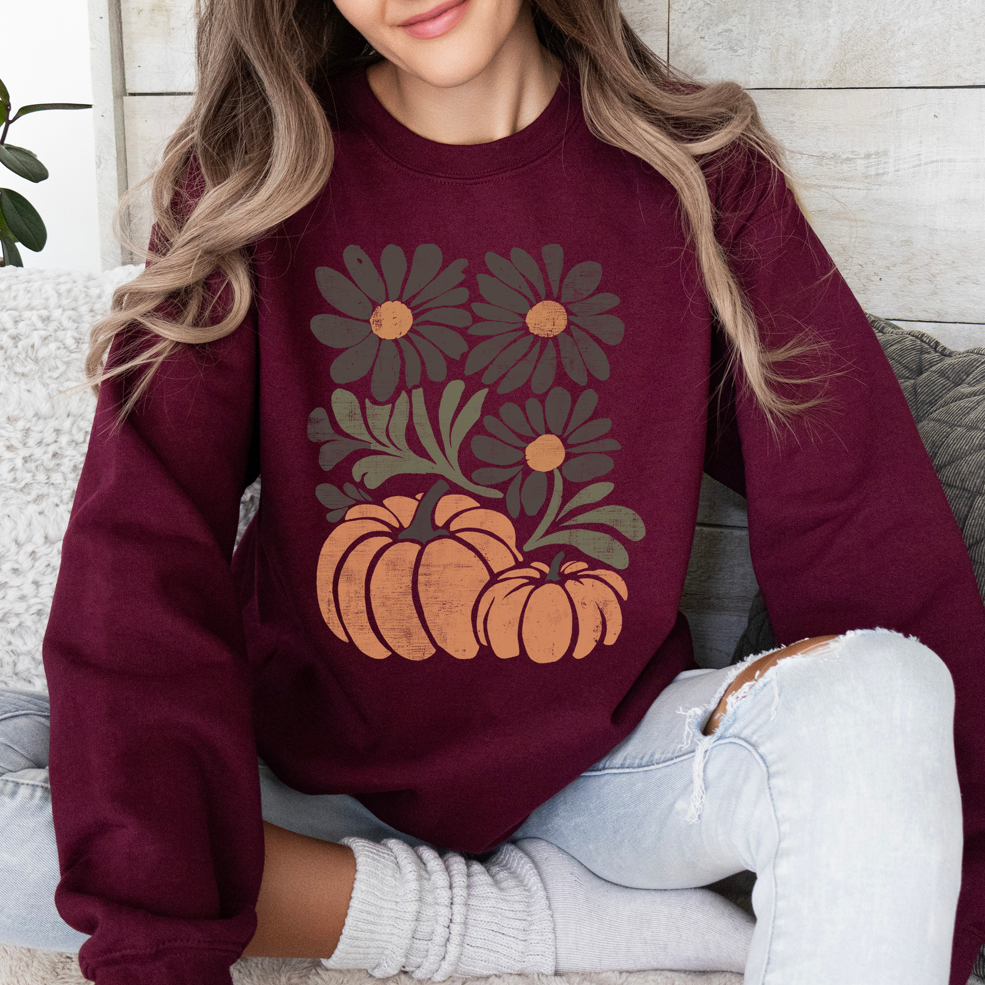 Pumpkins and Flowers Watercolor Autumn Florals Sunflowers Cozy Seasonal Print Sweatshirt