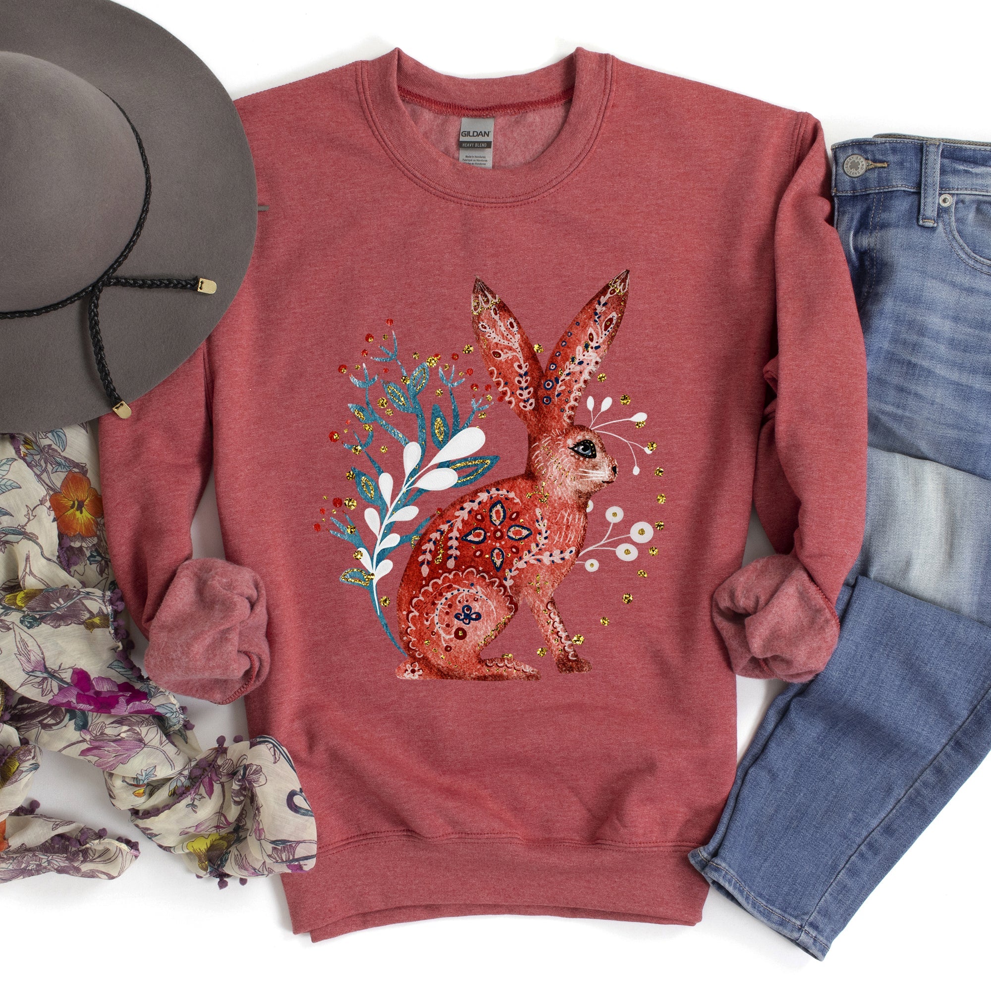 Rabbit Folk Art Inspired Scandinavian Winter Christmas Illustrated Cozy Holiday Graphic Sweatshirt