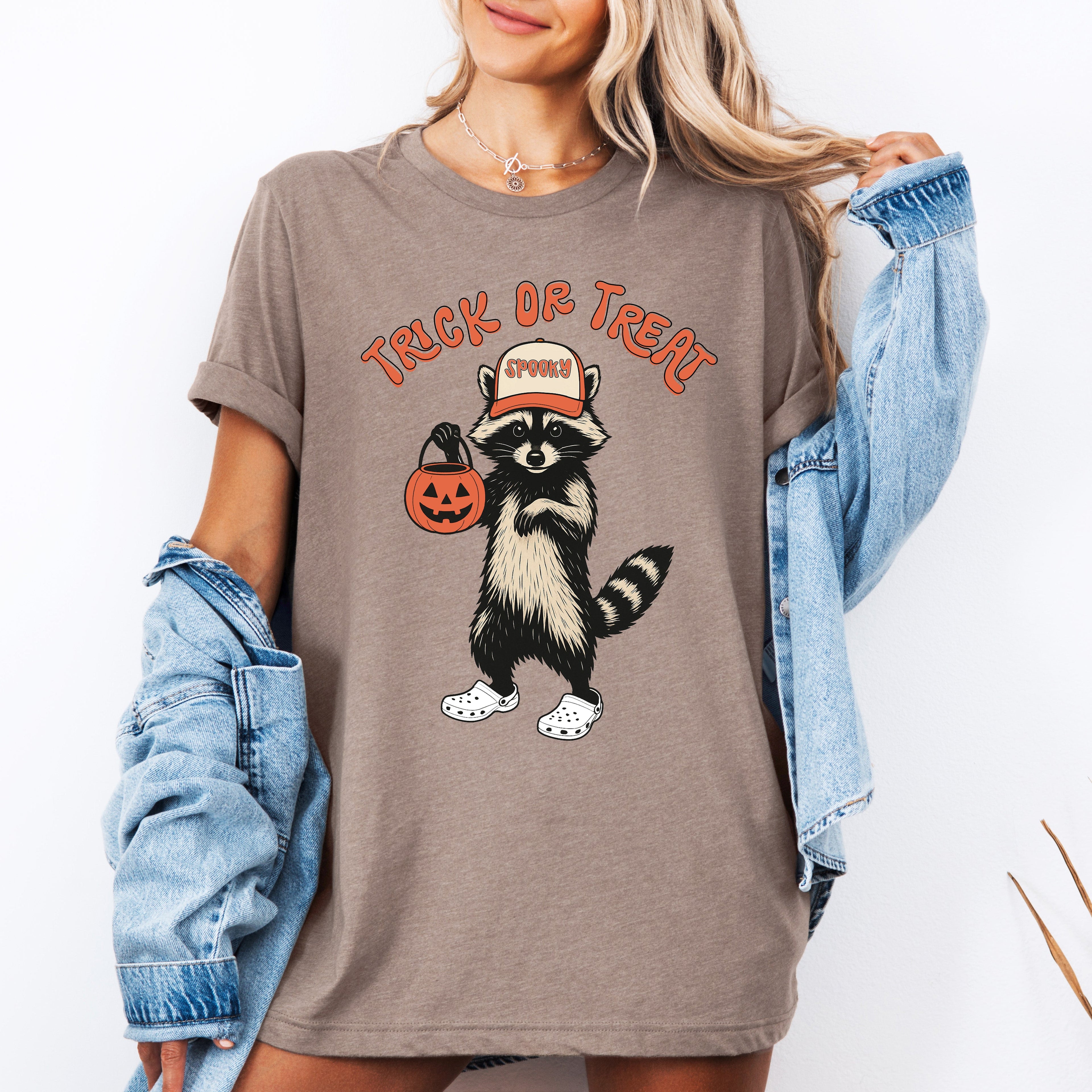 Raccoon Trick Or Treat Halloween Spooky Cute Playful Night Time Creature Graphic Tee