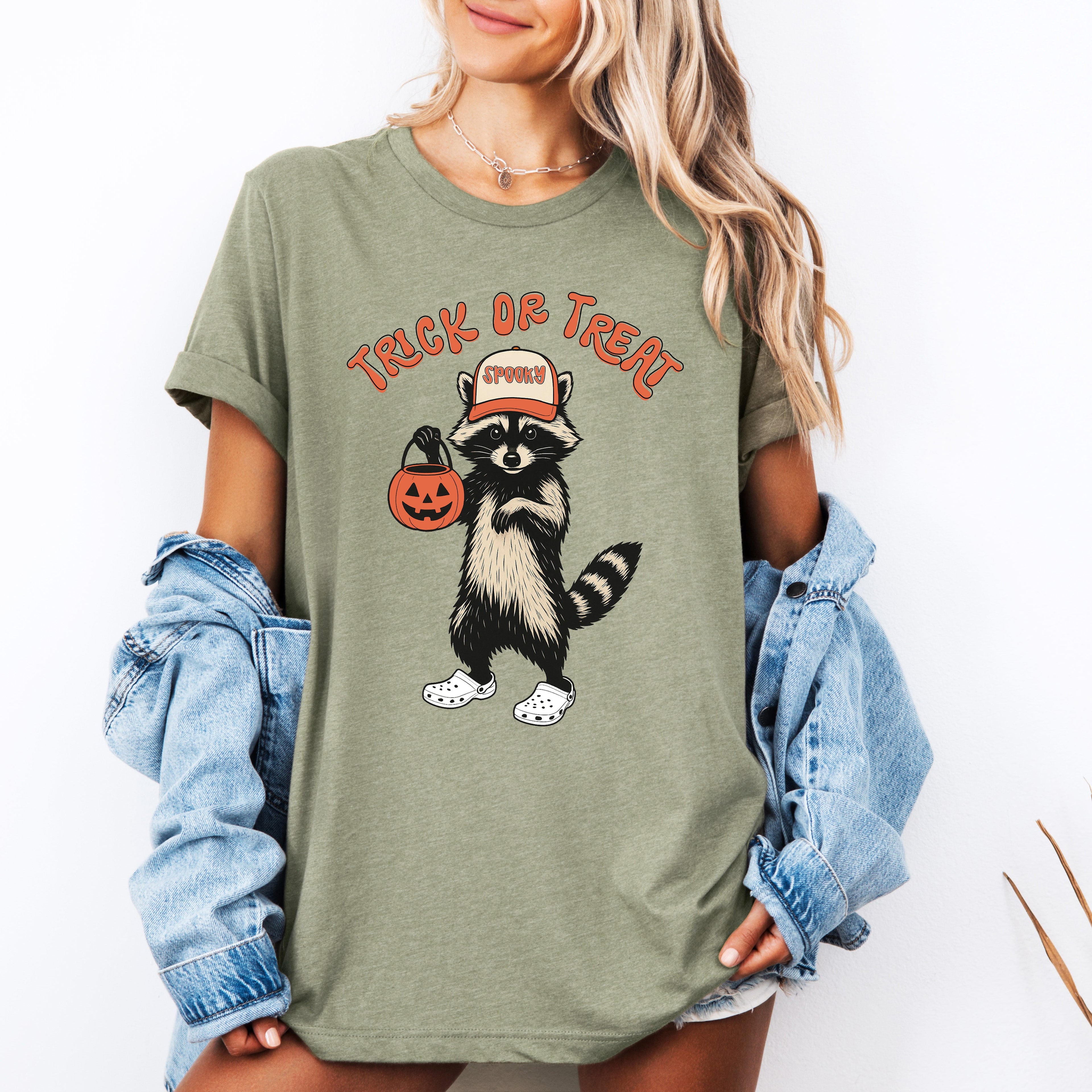 Raccoon Trick Or Treat Halloween Spooky Cute Playful Night Time Creature Graphic Tee