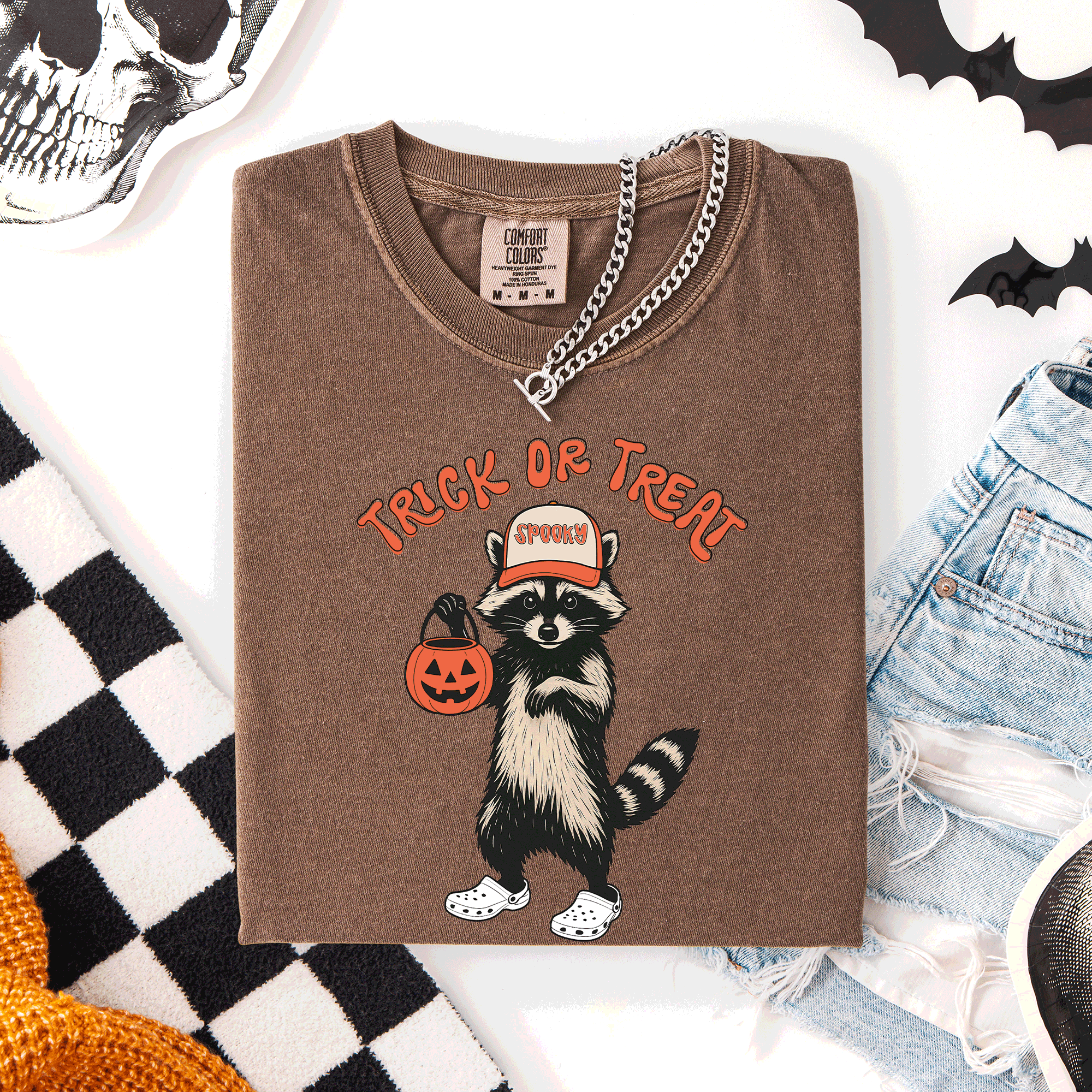 Raccoon Trick Or Treat Halloween Spooky Nighttime Illustration Artwork Comfort Colors Tee