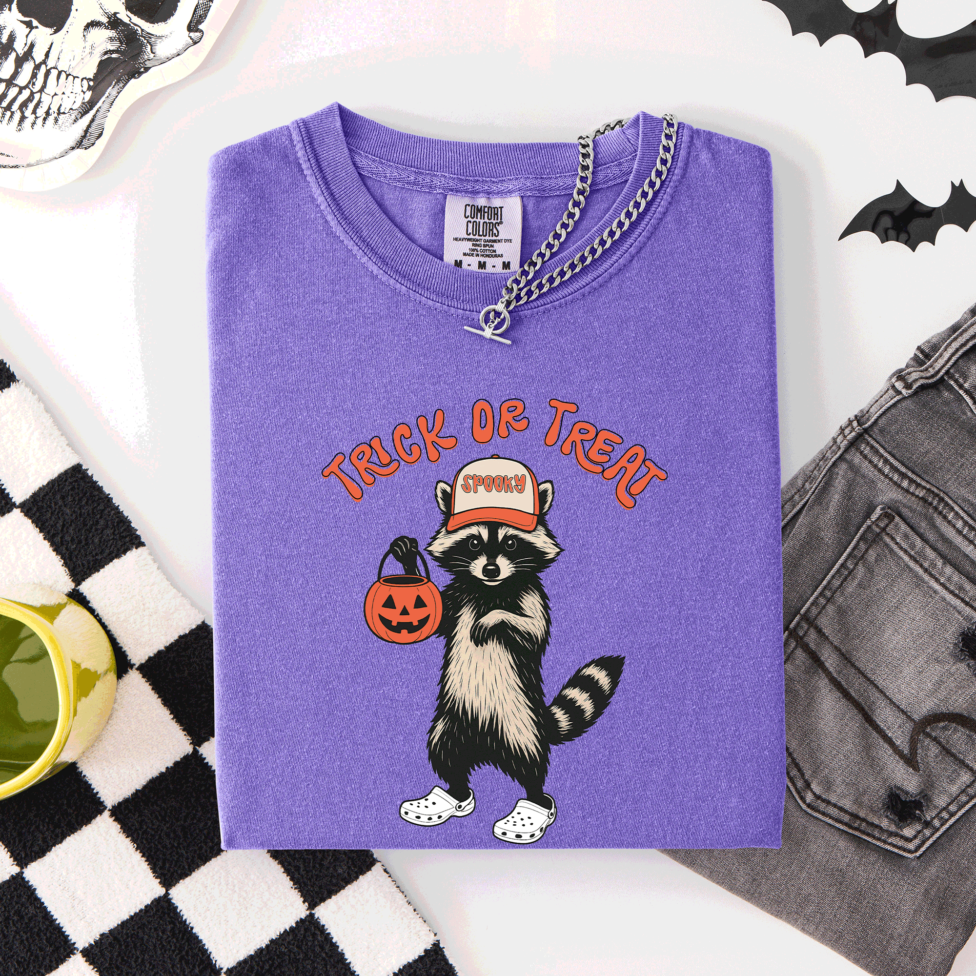 Raccoon Trick Or Treat Halloween Spooky Nighttime Illustration Artwork Comfort Colors Tee