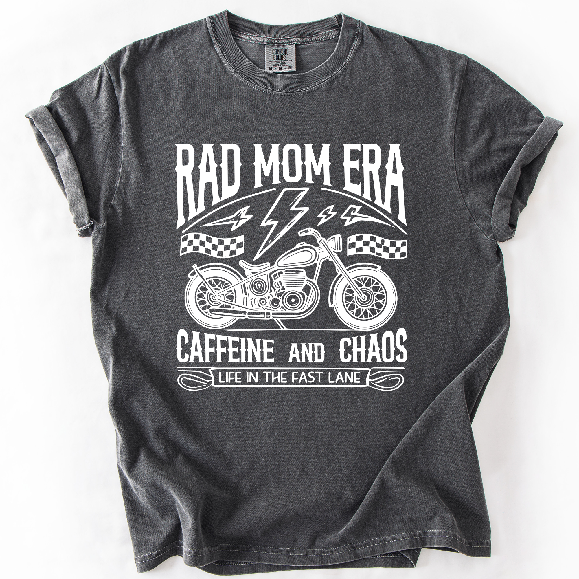 Rad Mom Era Caffeine and Chaos Sassy Mama Mother Real Life Supermom Everyday Hustle Coffee Loving Comfort Colors Tee