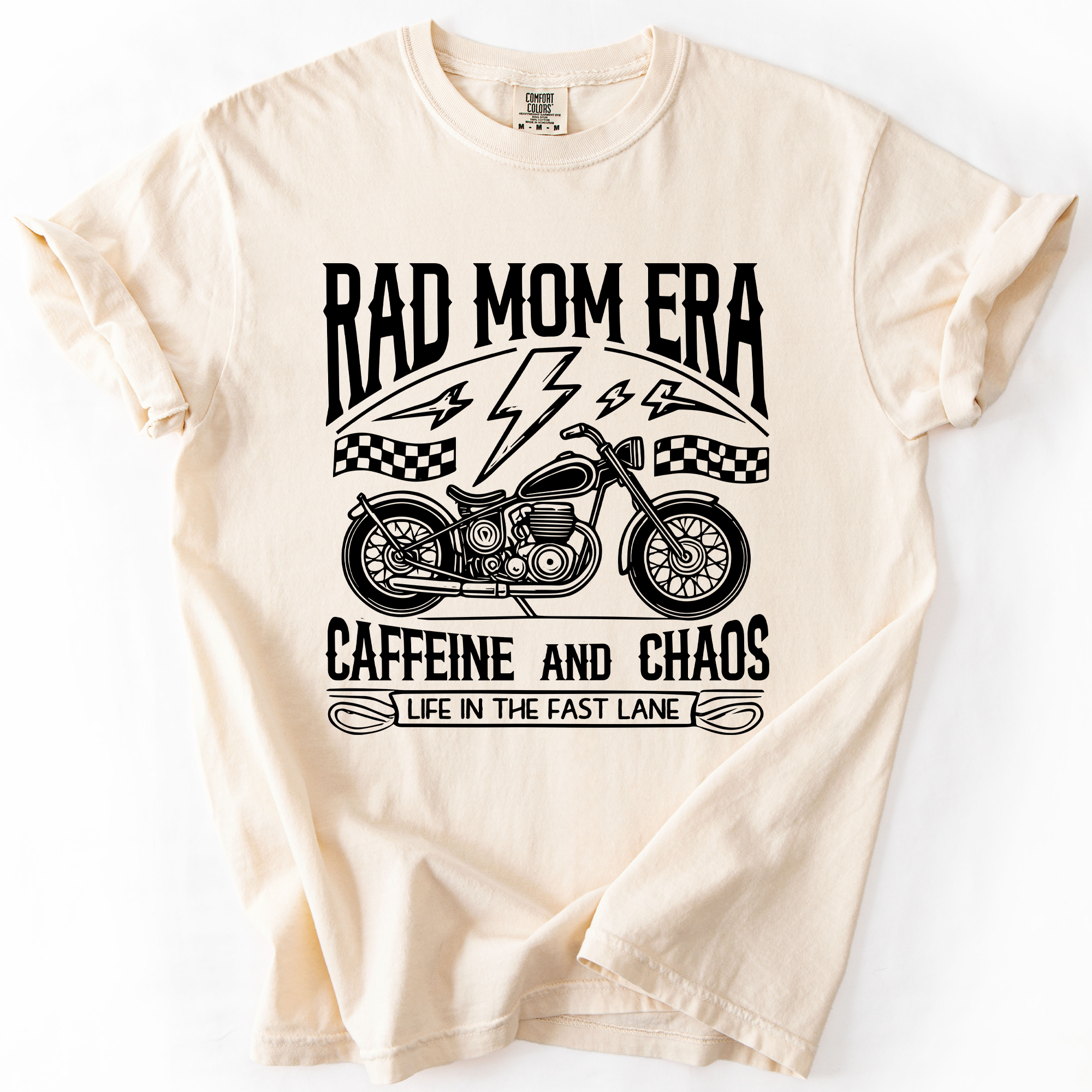 Rad Mom Era Caffeine and Chaos Sassy Mama Mother Real Life Supermom Everyday Hustle Coffee Loving Comfort Colors Tee