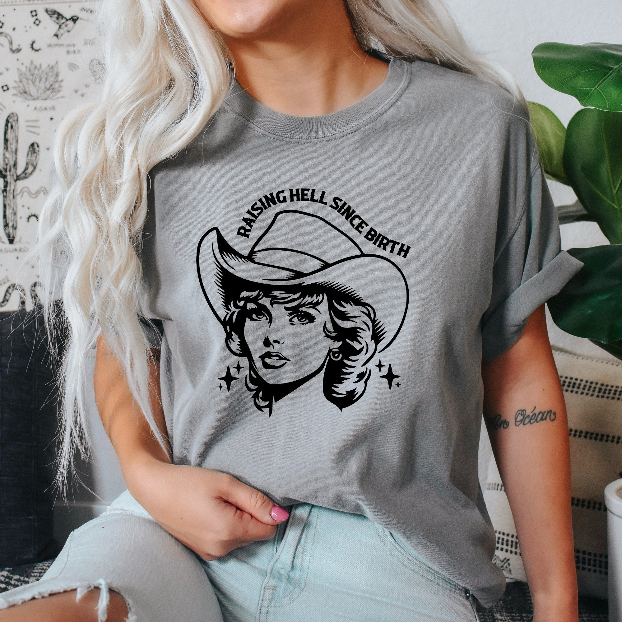 Raising Hell Since Birth Cowgirl Sassy Graphic Vintage Western Rodeo Edition Comfort Colors Tee
