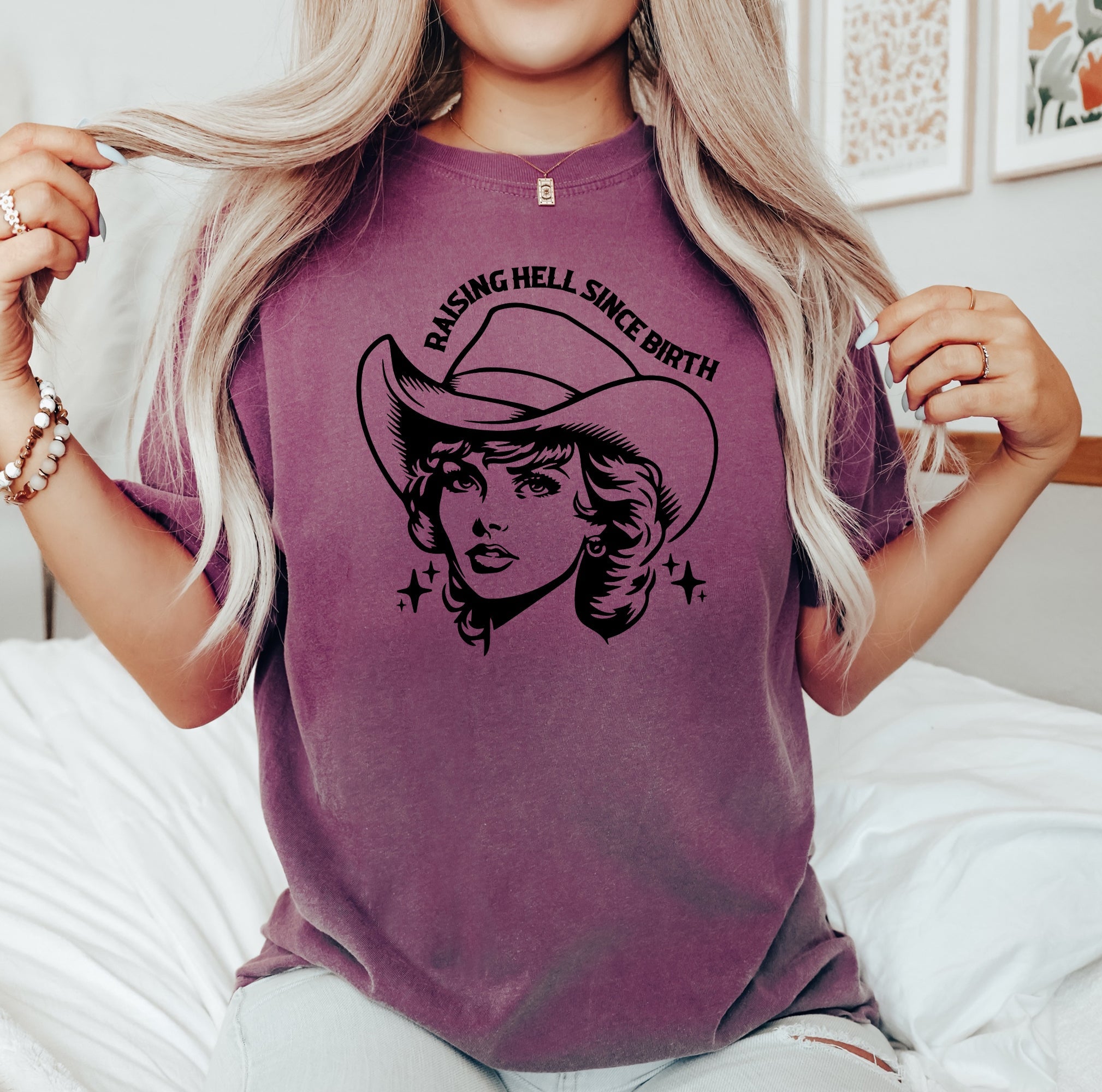 Raising Hell Since Birth Cowgirl Sassy Graphic Vintage Western Rodeo Edition Comfort Colors Tee