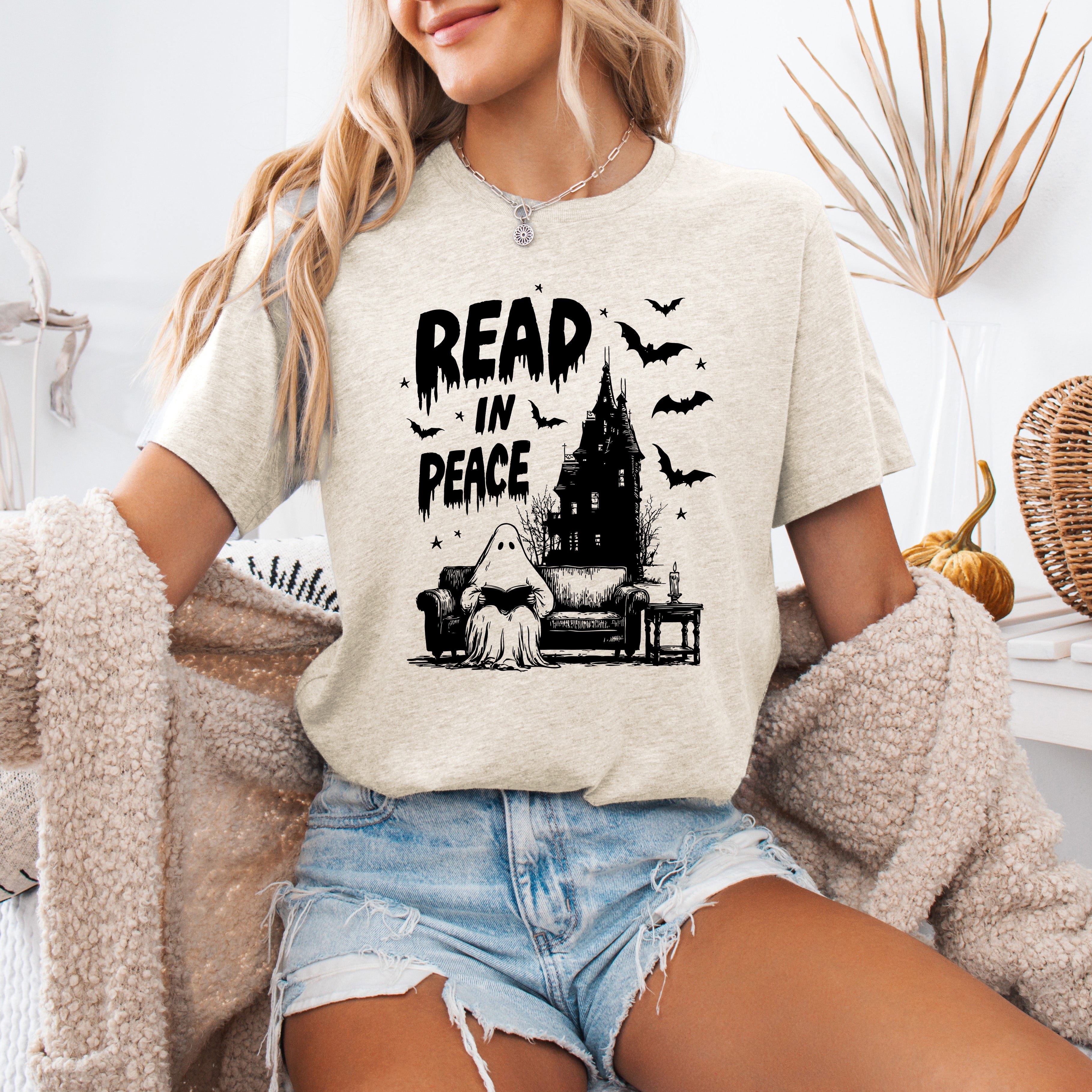 Read In Peace Ghostly Library Night Harvest Halloween Bookish Edition Graphic Tee