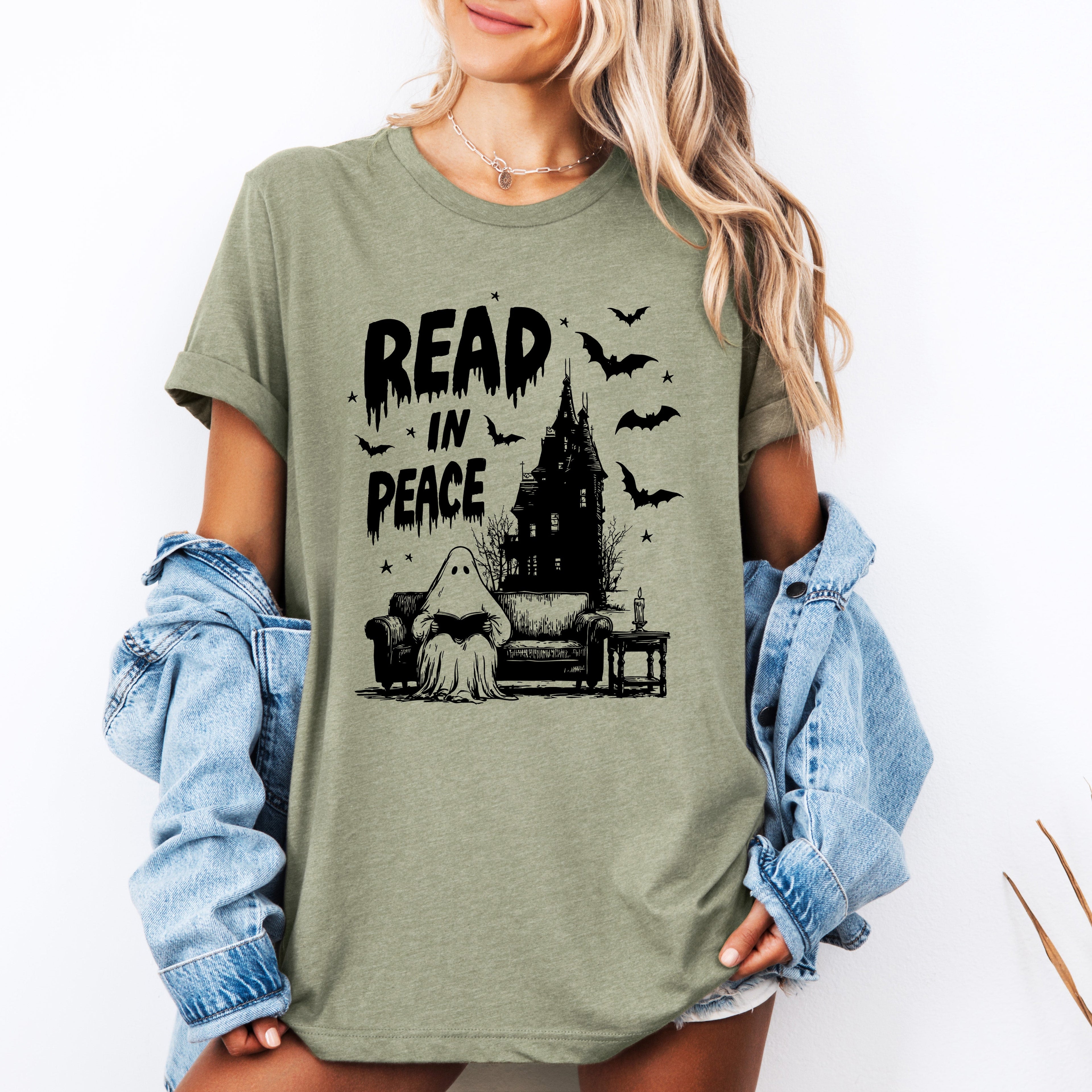Read In Peace Ghostly Library Night Harvest Halloween Bookish Edition Graphic Tee