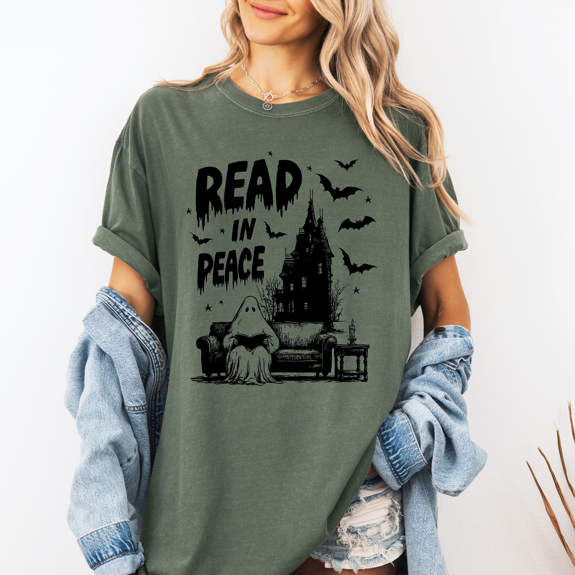 Read In Peace Ghost Haunted Halloween Spooky Bookish Library BookTok Comfort Colors Tee