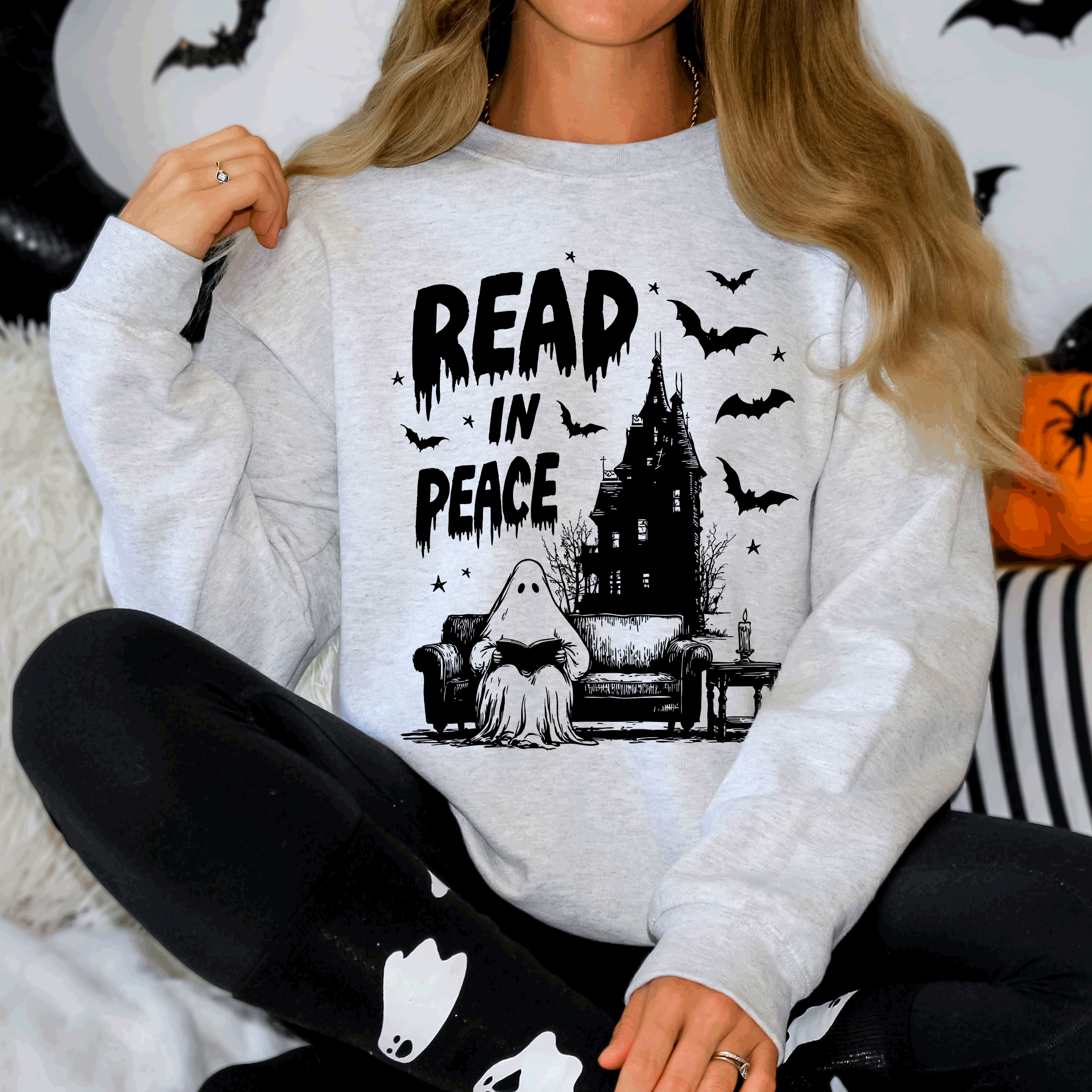 Read In Peace Ghost Haunted Halloween Spooky Bookish Library Booktok Graphic Sweatshirt