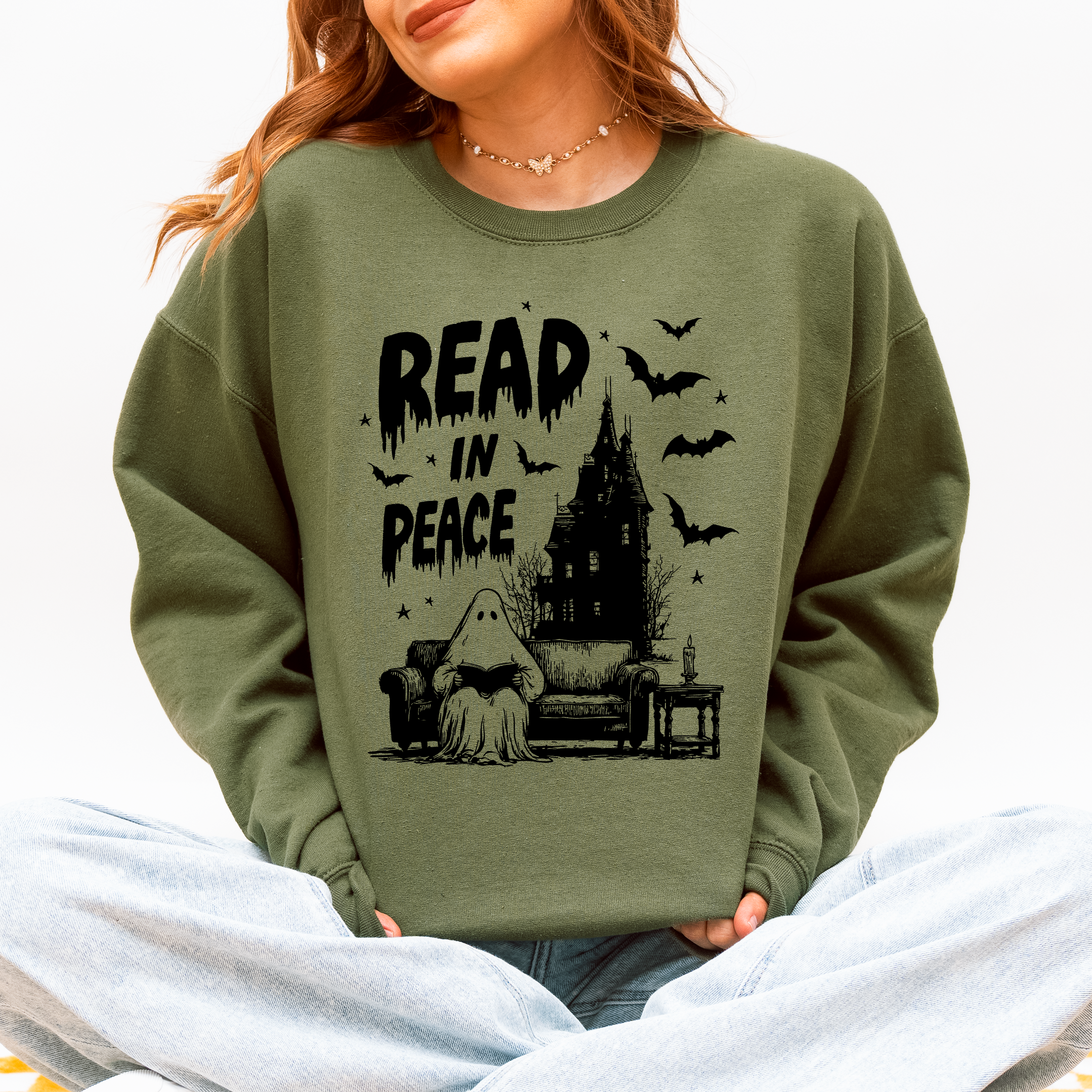 Read In Peace Ghost Haunted Halloween Spooky Bookish Library Booktok Graphic Sweatshirt