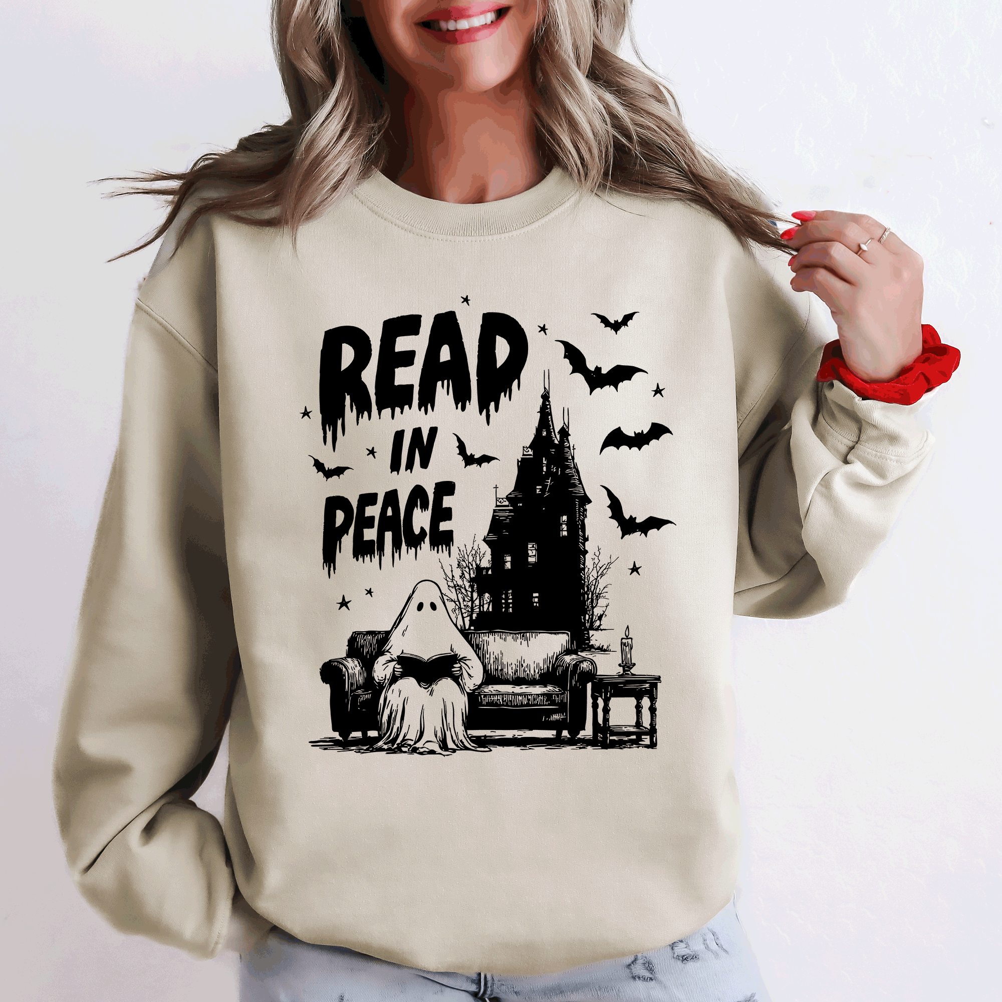 Read In Peace Ghost Haunted Halloween Spooky Bookish Library Booktok Graphic Sweatshirt