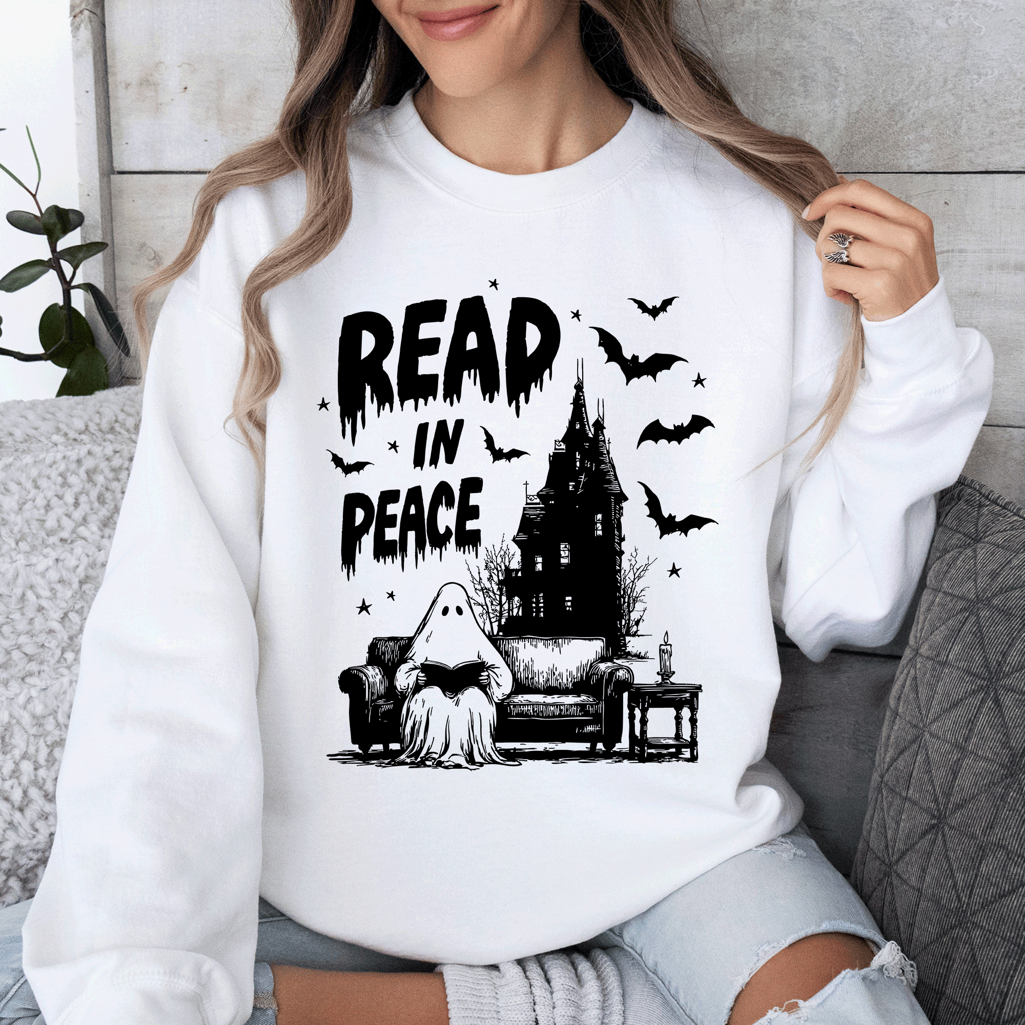 Read In Peace Ghost Haunted Halloween Spooky Bookish Library Booktok Graphic Sweatshirt