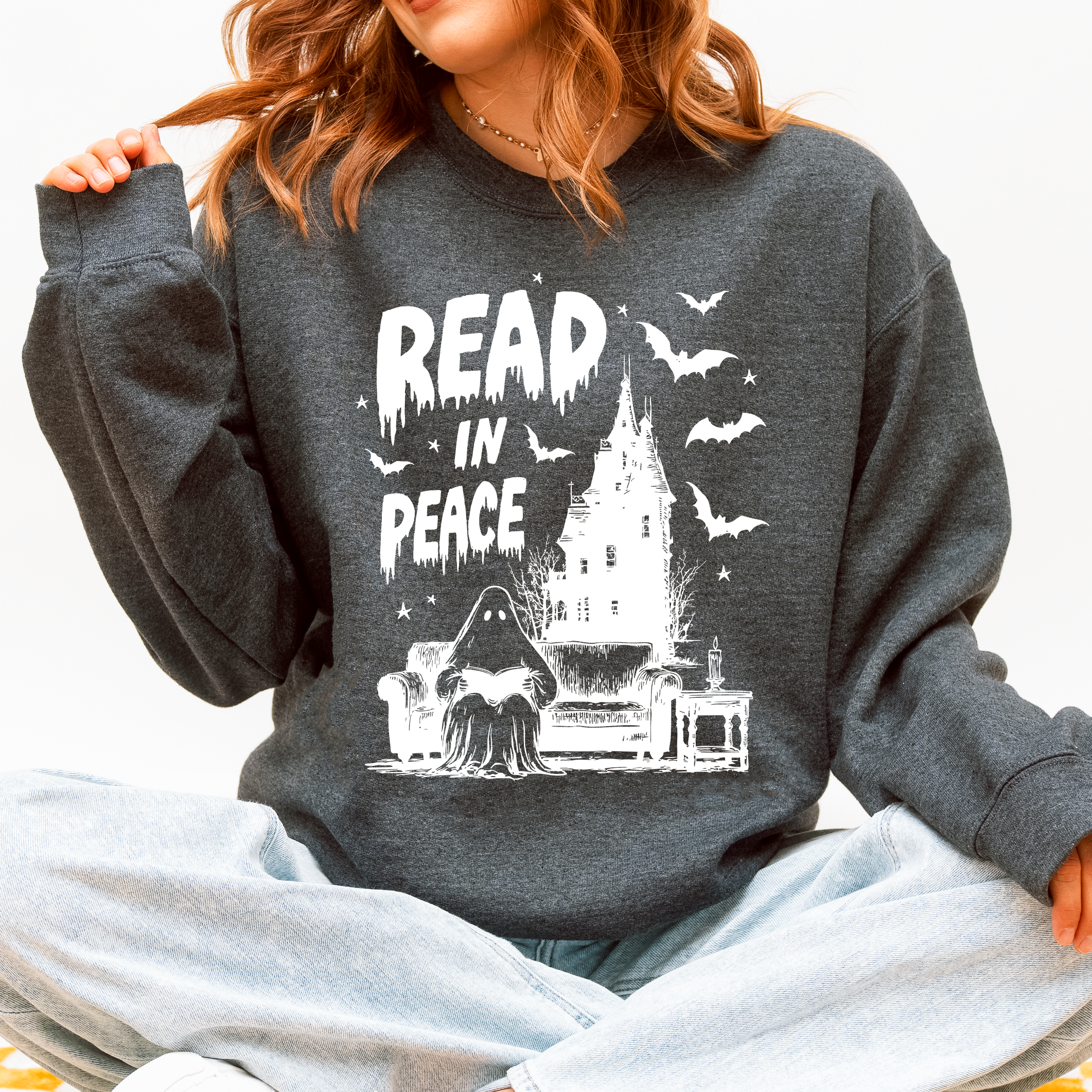 Read In Peace Ghost Haunted Halloween Spooky Bookish Library Booktok Graphic Sweatshirt