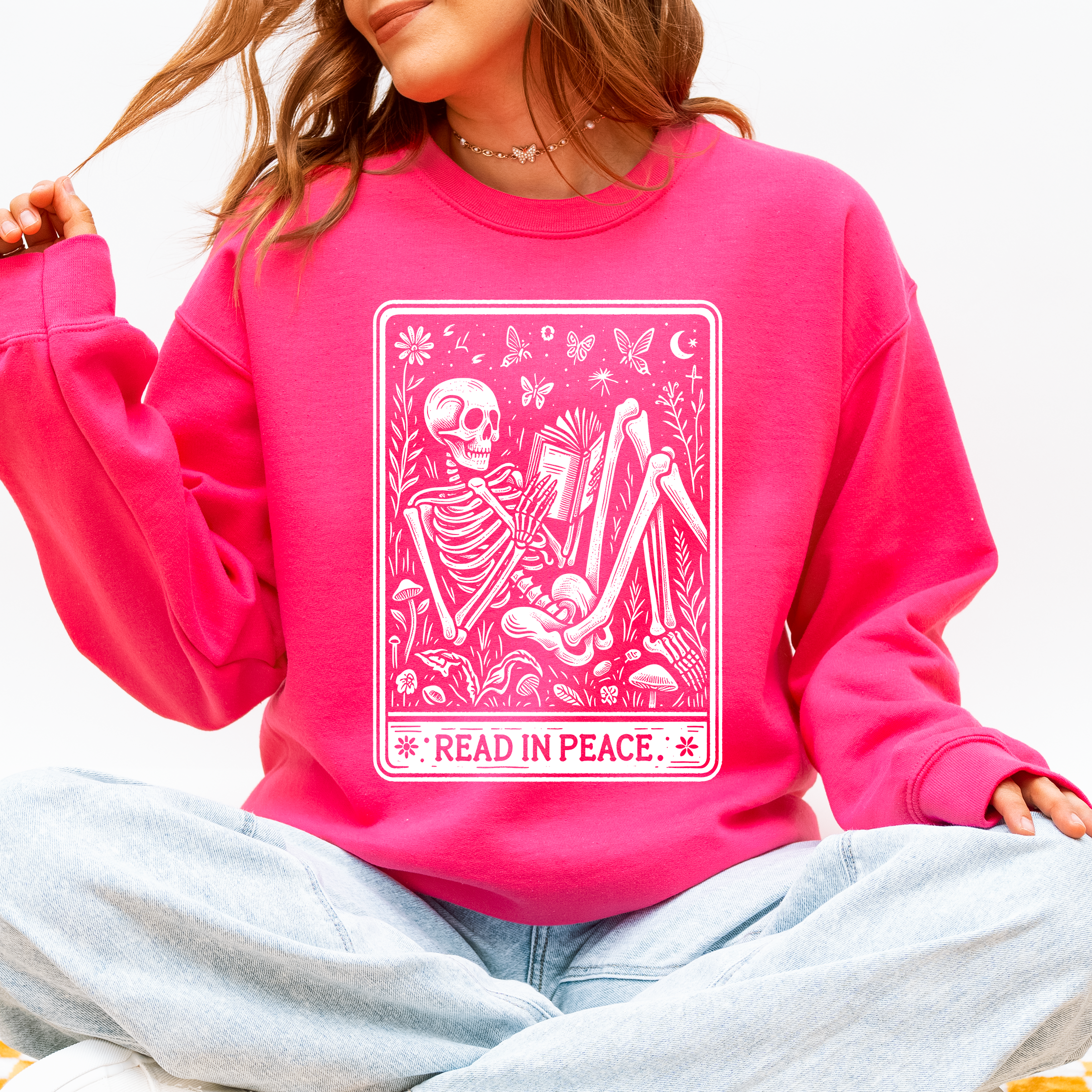 Read In Peace Halloween Skeleton Tarot Books Library Collection Graphic Sweatshirt