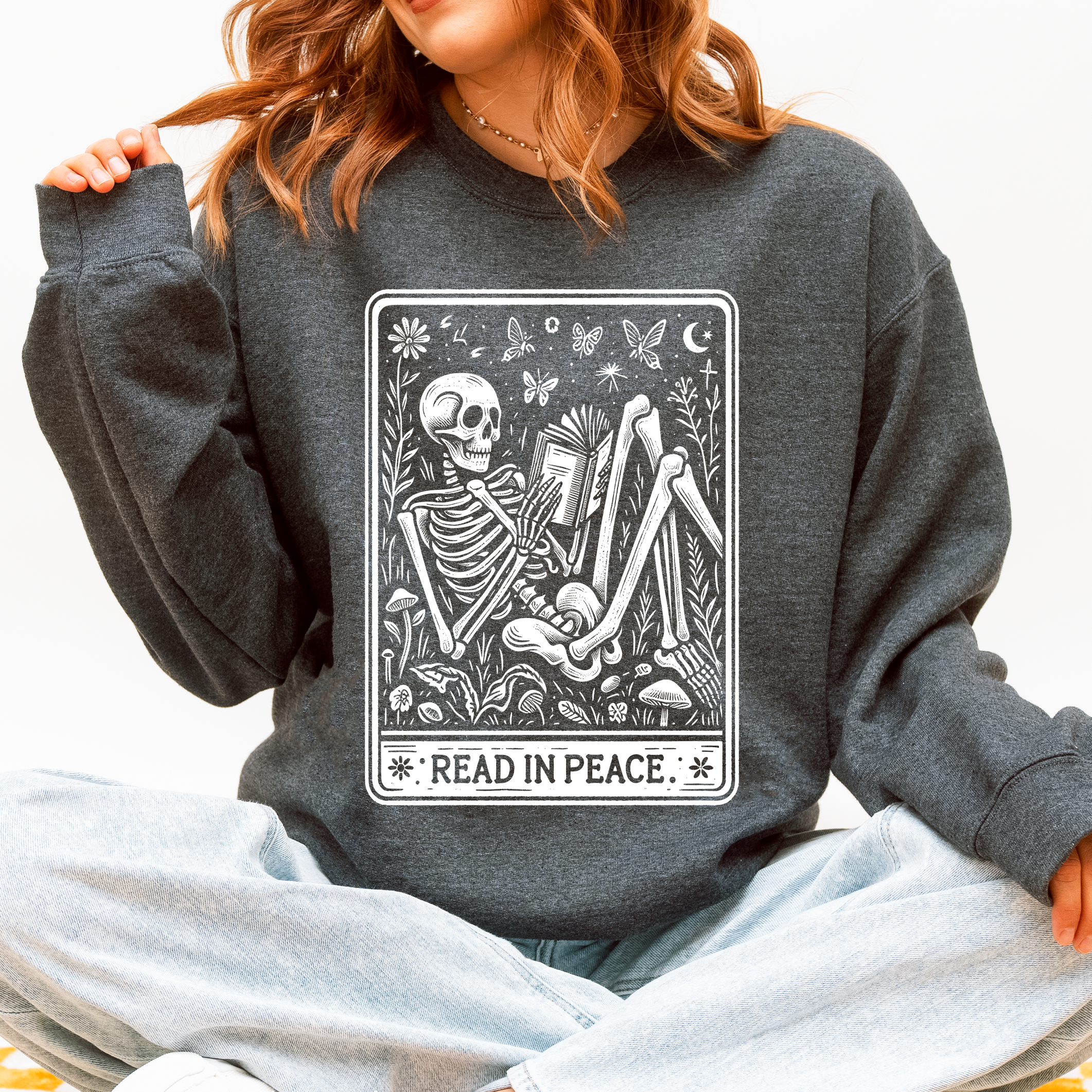 Read In Peace Halloween Skeleton Tarot Books Library Collection Graphic Sweatshirt