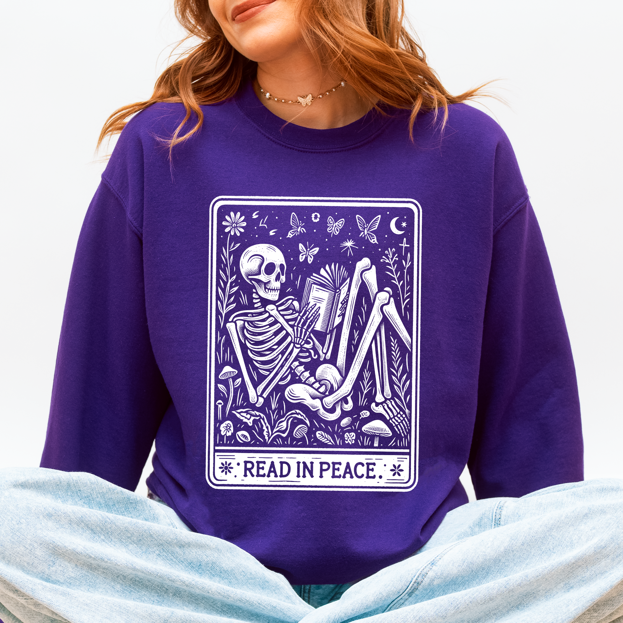 Read In Peace Halloween Skeleton Tarot Books Library Collection Graphic Sweatshirt