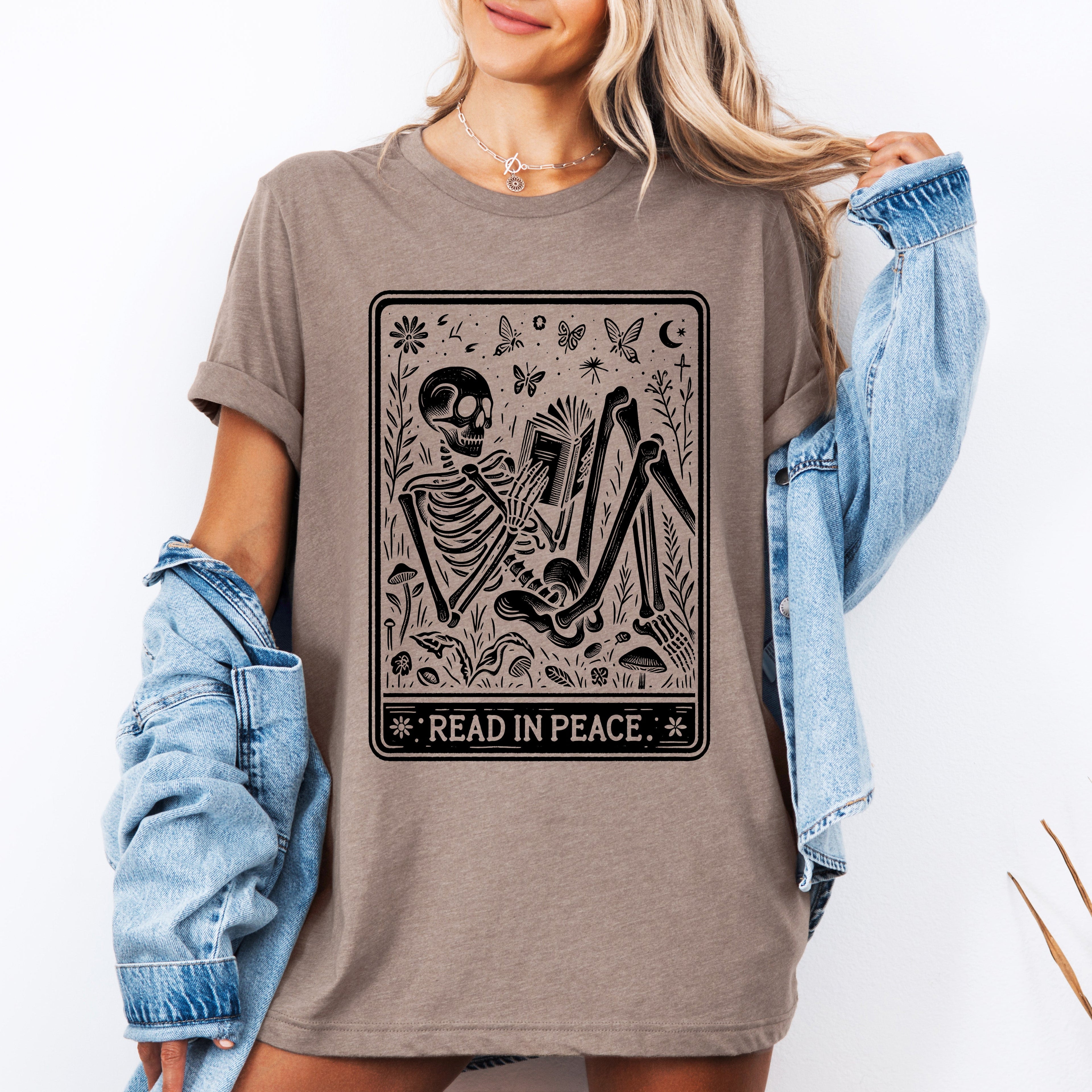 Read In Peace Halloween Skeleton Tarot Books Library Edition Collectible Graphic Tee