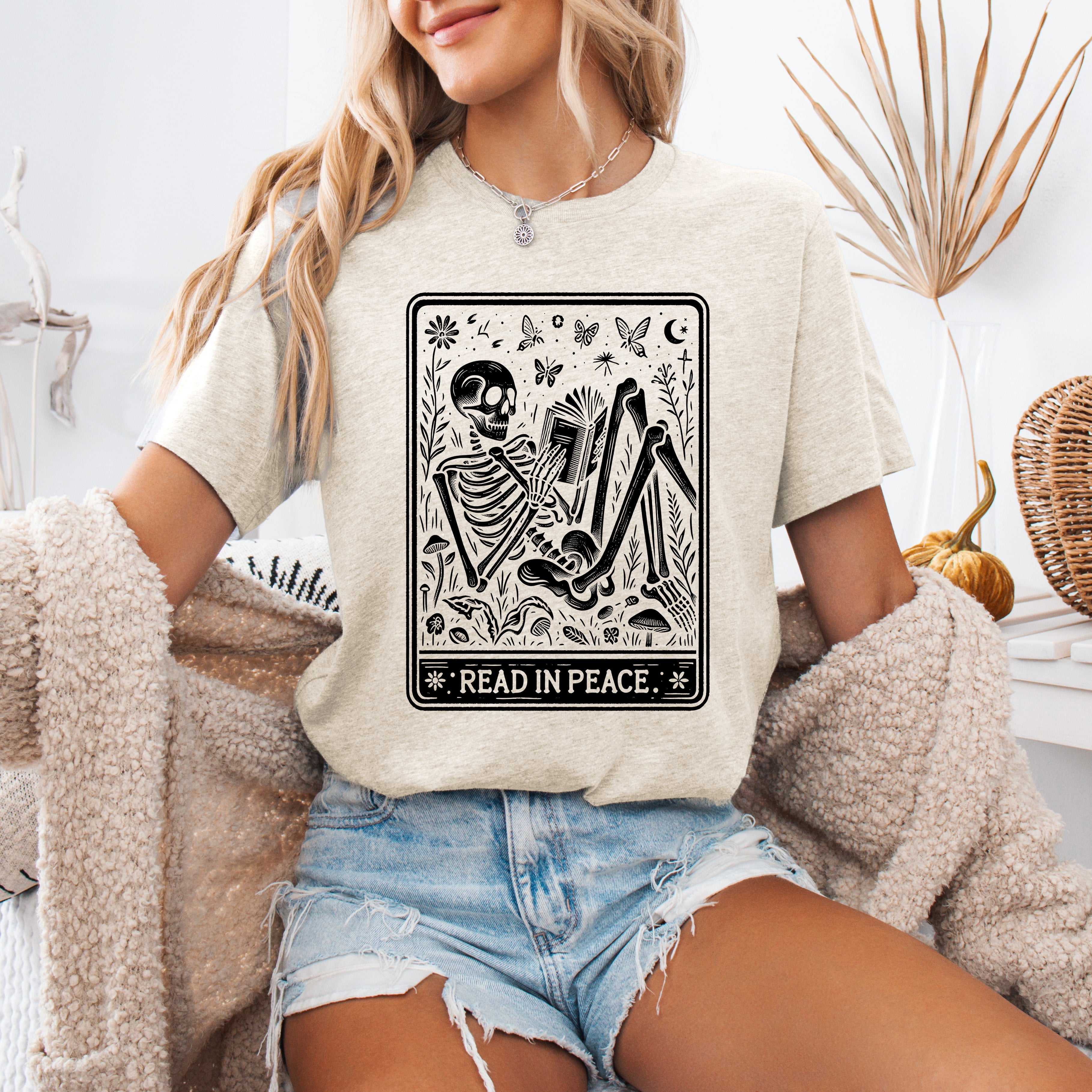 Read In Peace Halloween Skeleton Tarot Books Library Edition Collectible Graphic Tee