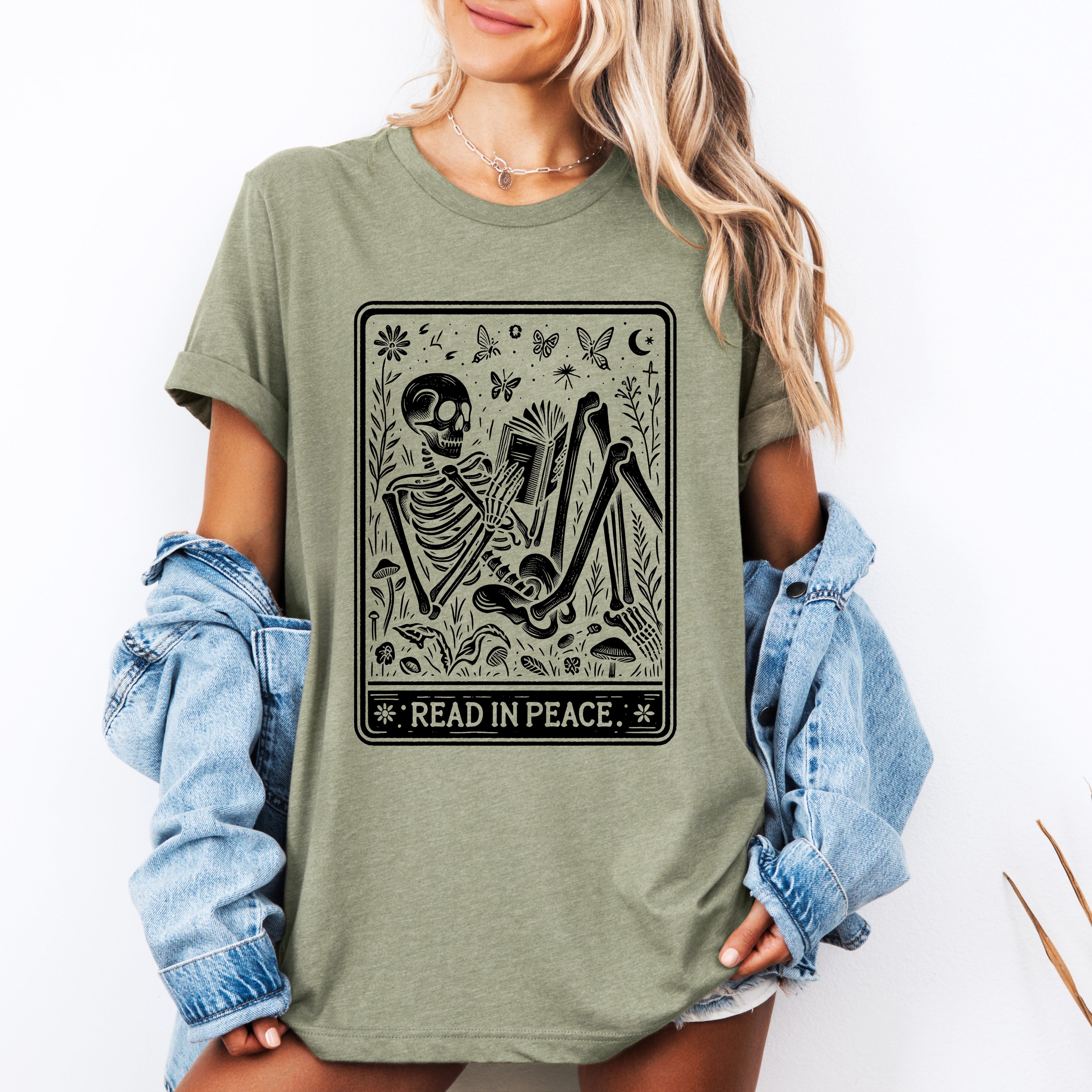 Read In Peace Halloween Skeleton Tarot Books Library Edition Collectible Graphic Tee