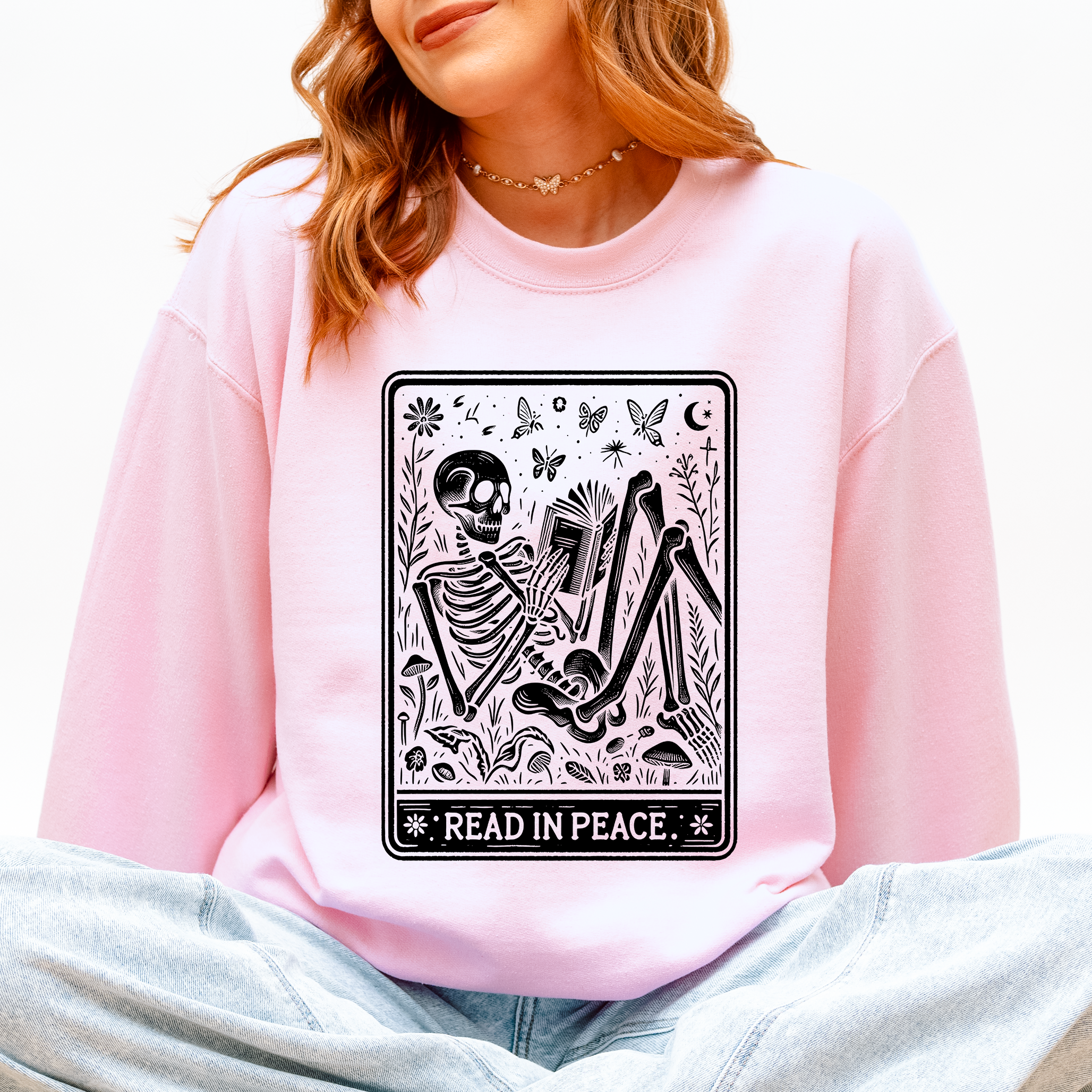 Read In Peace Halloween Skeleton Tarot Books Library Collection Graphic Sweatshirt