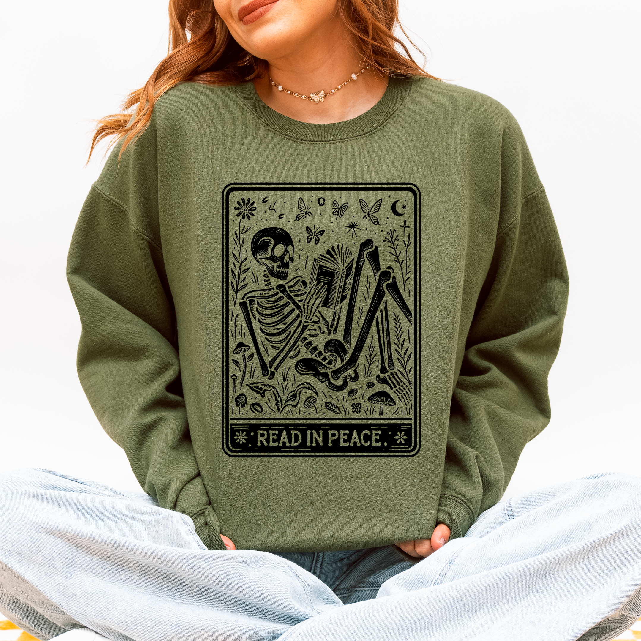Read In Peace Halloween Skeleton Tarot Books Library Collection Graphic Sweatshirt