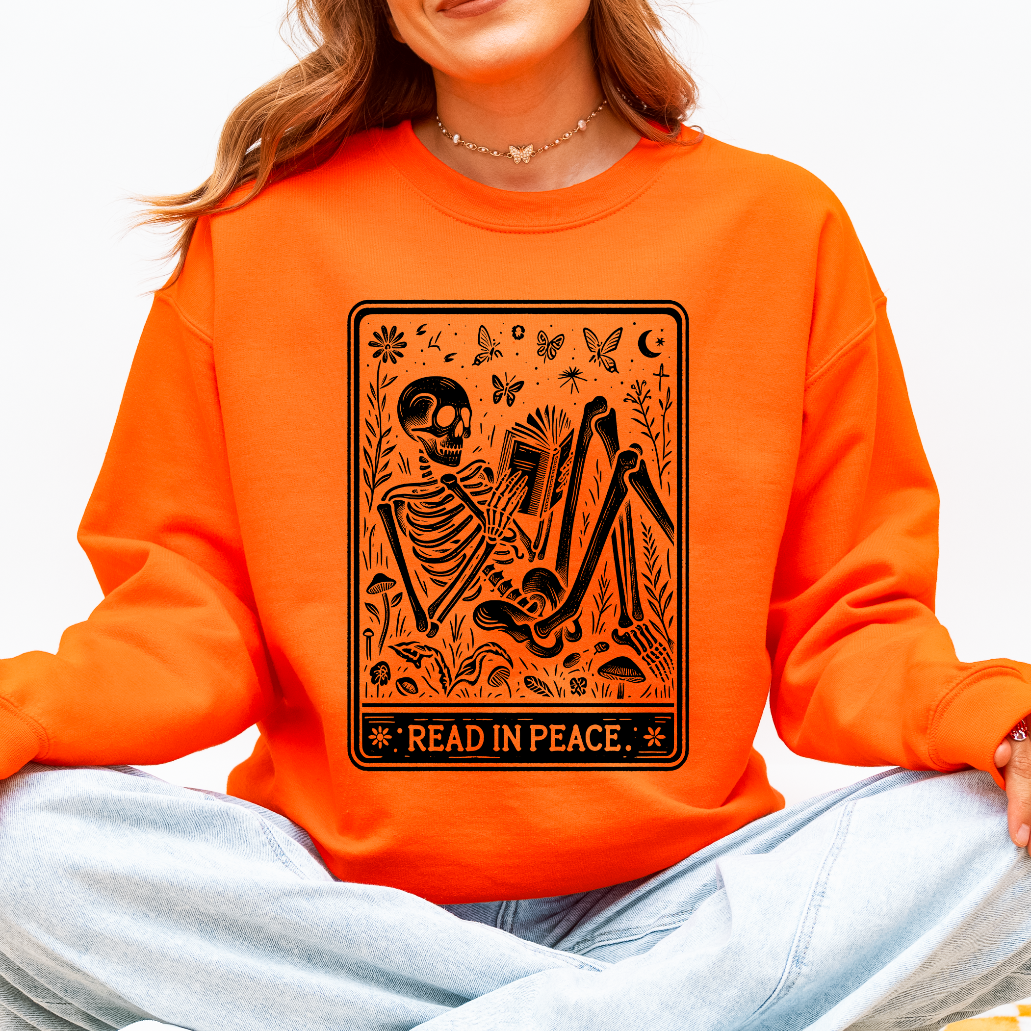 Read In Peace Halloween Skeleton Tarot Books Library Collection Graphic Sweatshirt