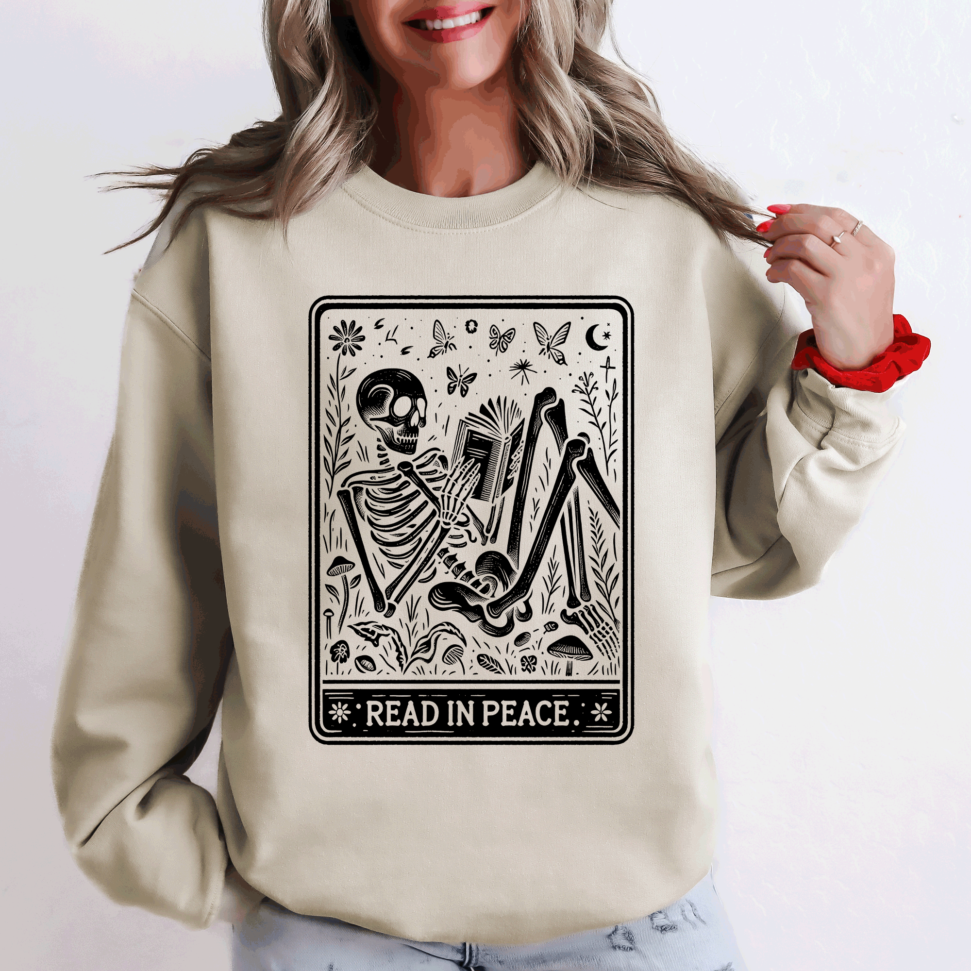 Read In Peace Halloween Skeleton Tarot Books Library Collection Graphic Sweatshirt