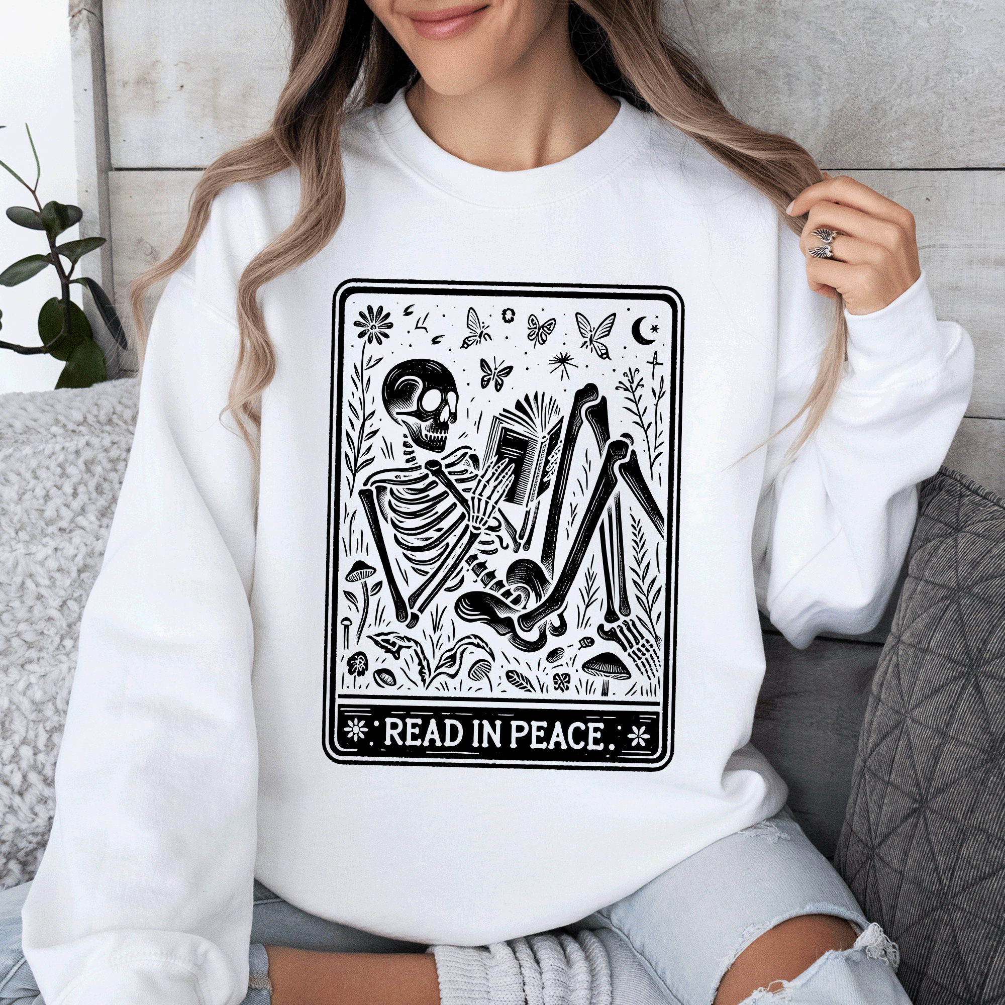 Read In Peace Halloween Skeleton Tarot Books Library Collection Graphic Sweatshirt