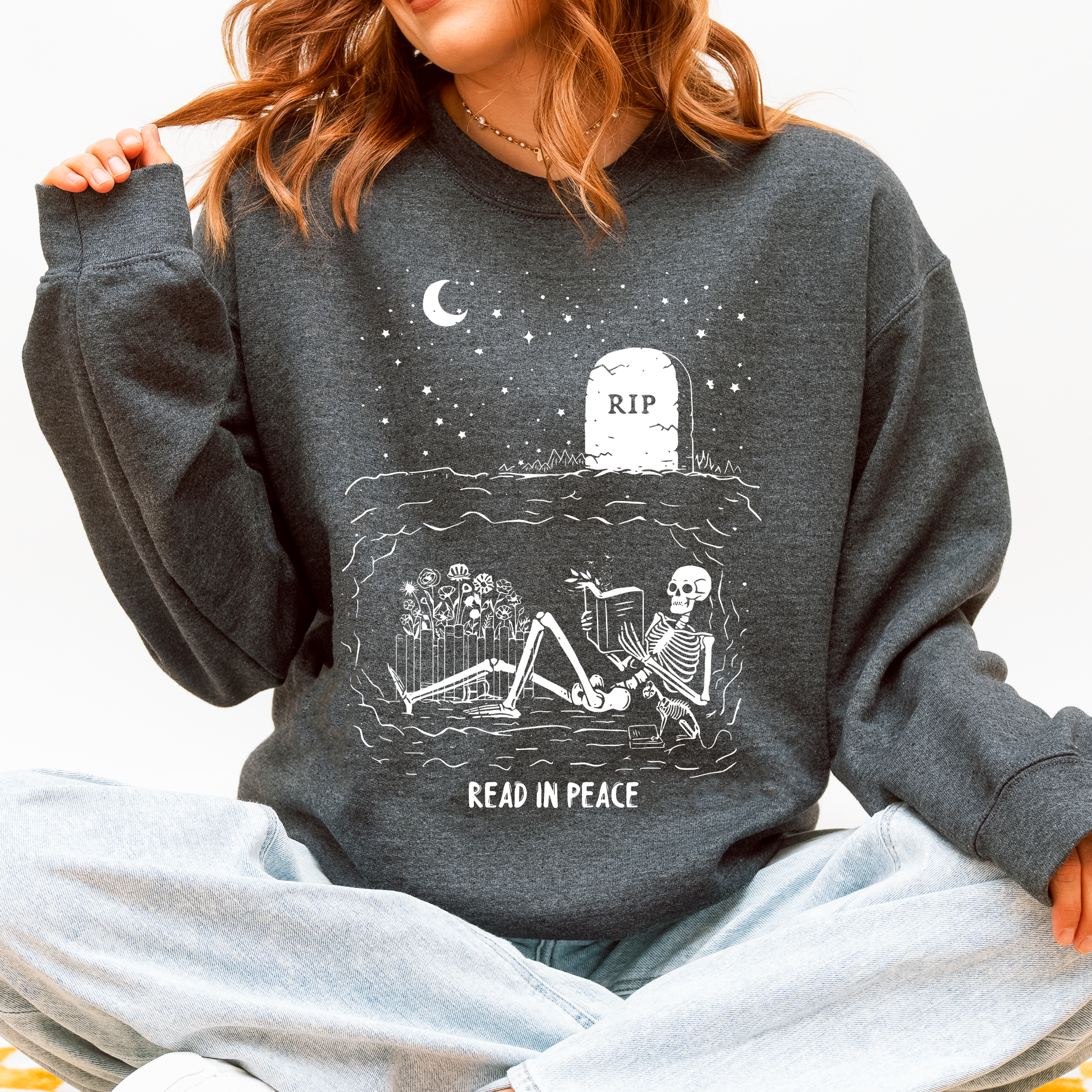 Read In Peace Skeleton RIP Halloween Booktok Bookish Library Novel Lover Graphic Sweatshirt