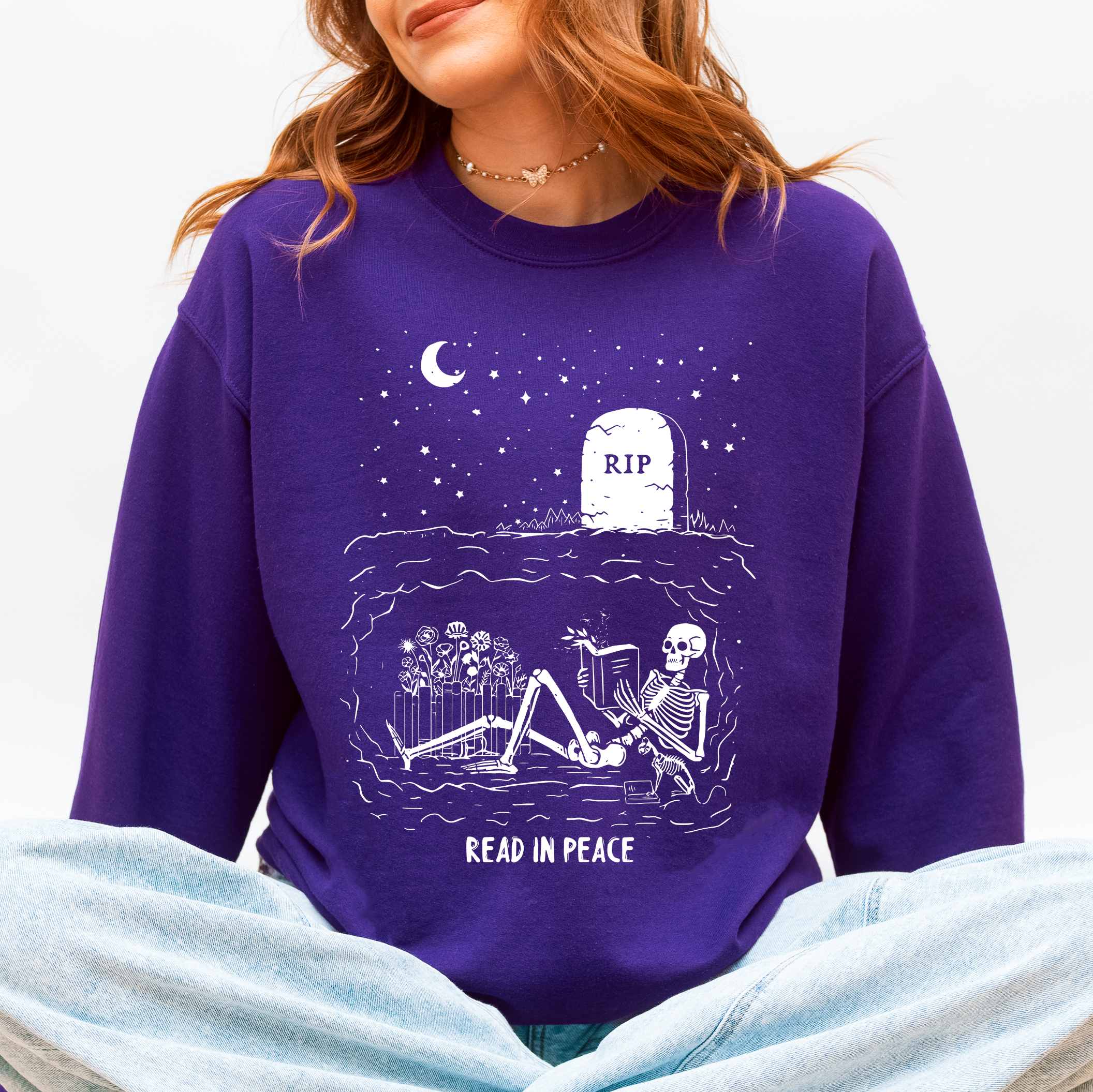 Read In Peace Skeleton RIP Halloween Booktok Bookish Library Novel Lover Graphic Sweatshirt