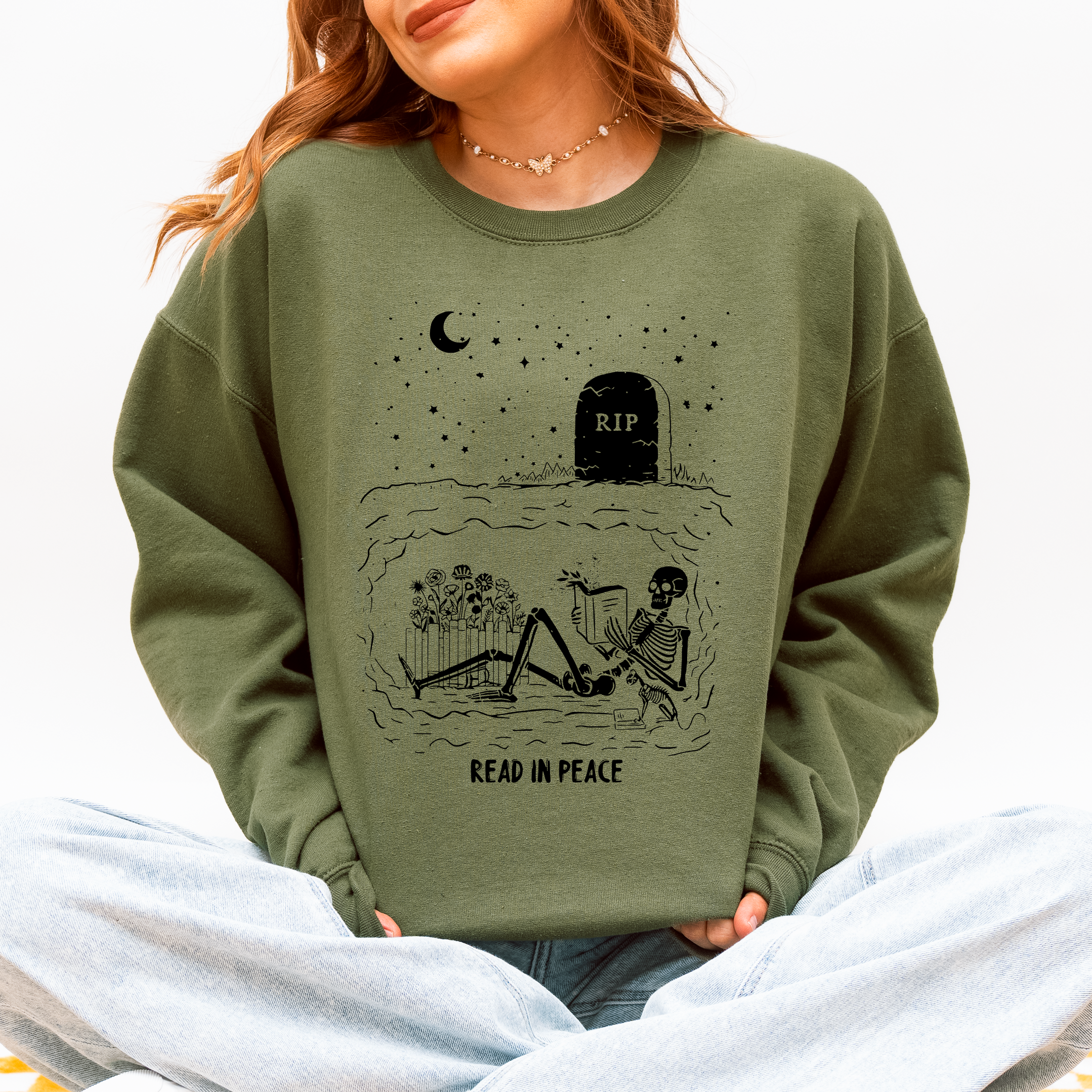 Read In Peace Skeleton RIP Halloween Booktok Bookish Library Novel Lover Graphic Sweatshirt