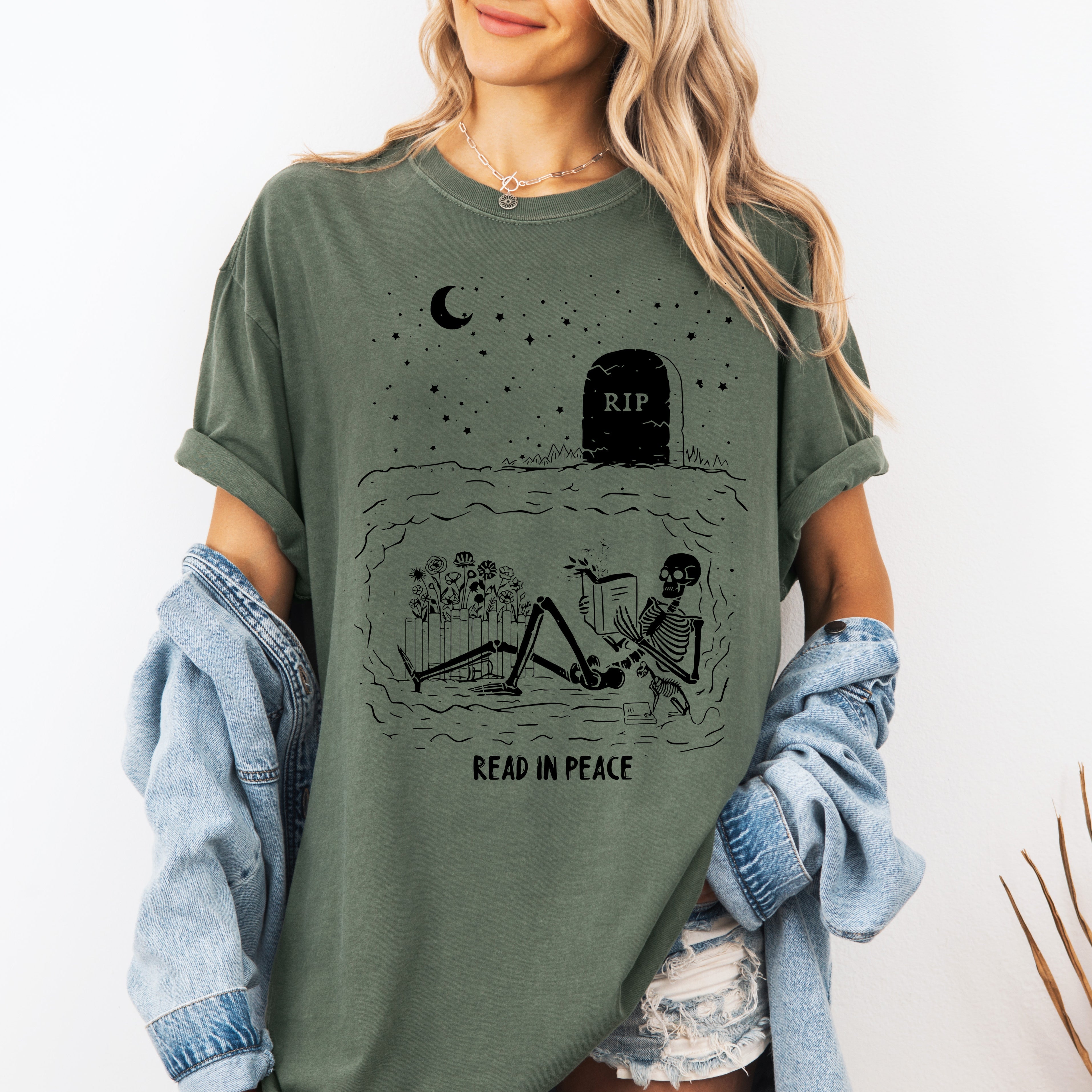 Read In Peace Skeleton RIP Halloween Booktok Bookish Library Edition Comfort Colors Tee